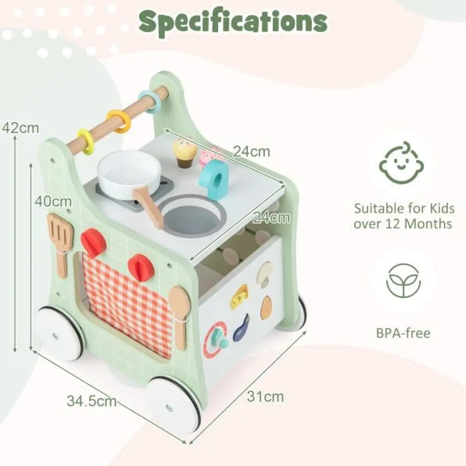 Little Helper Wooden Toys & Educational Toys | Toy Kitchens | Montessori 6-in-1 Posture Developing Baby Walker | Busy Board and Mini Toy Kitchen | 12m+