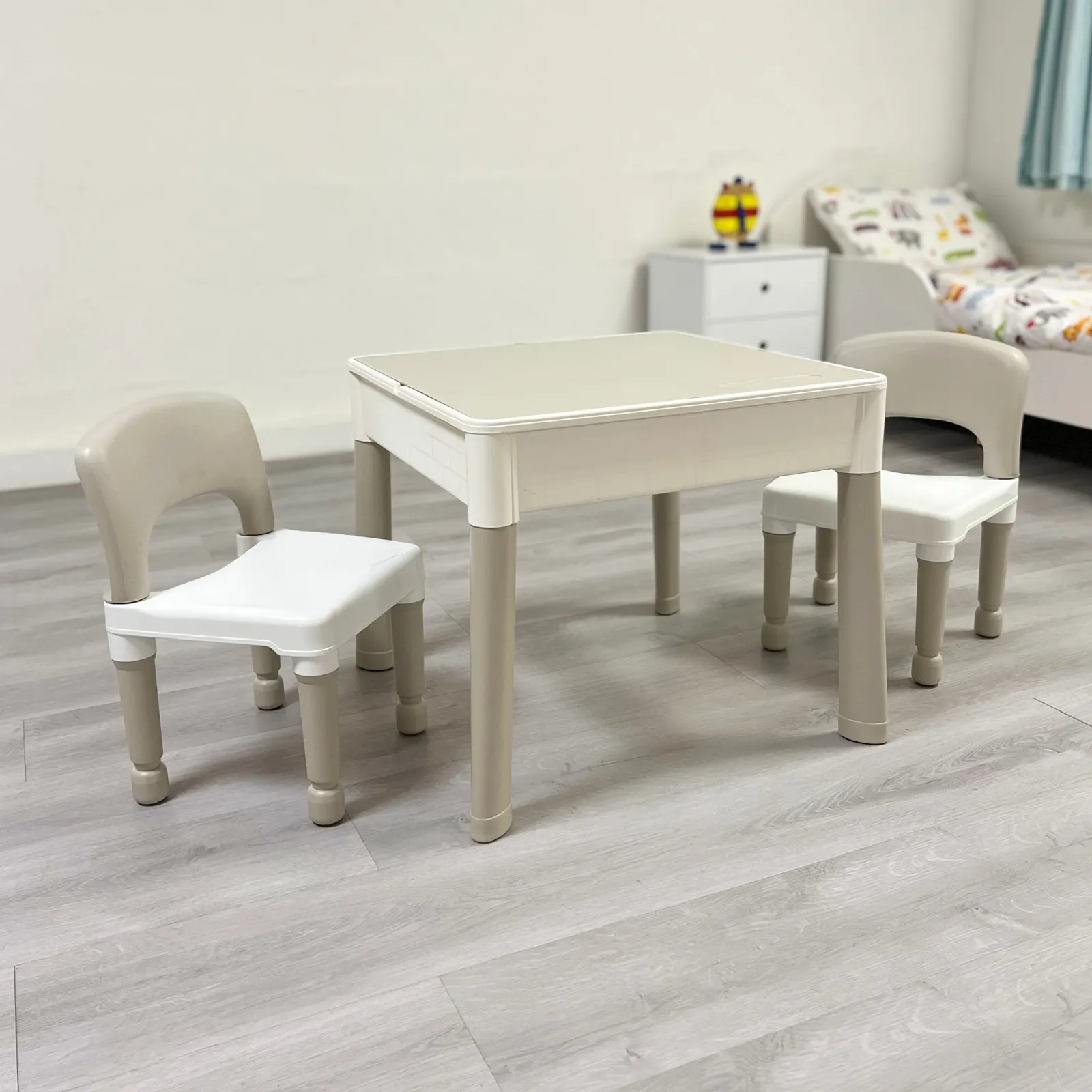 Little Helper Sand & Water Table & Sandpits & Mud Kitchens | Montessori Toys & Products | Montessori 5-in-1 Table & 2 Chairs Set | Sand & Water Pit | Lego | Dry Wipe Top | Grey & White