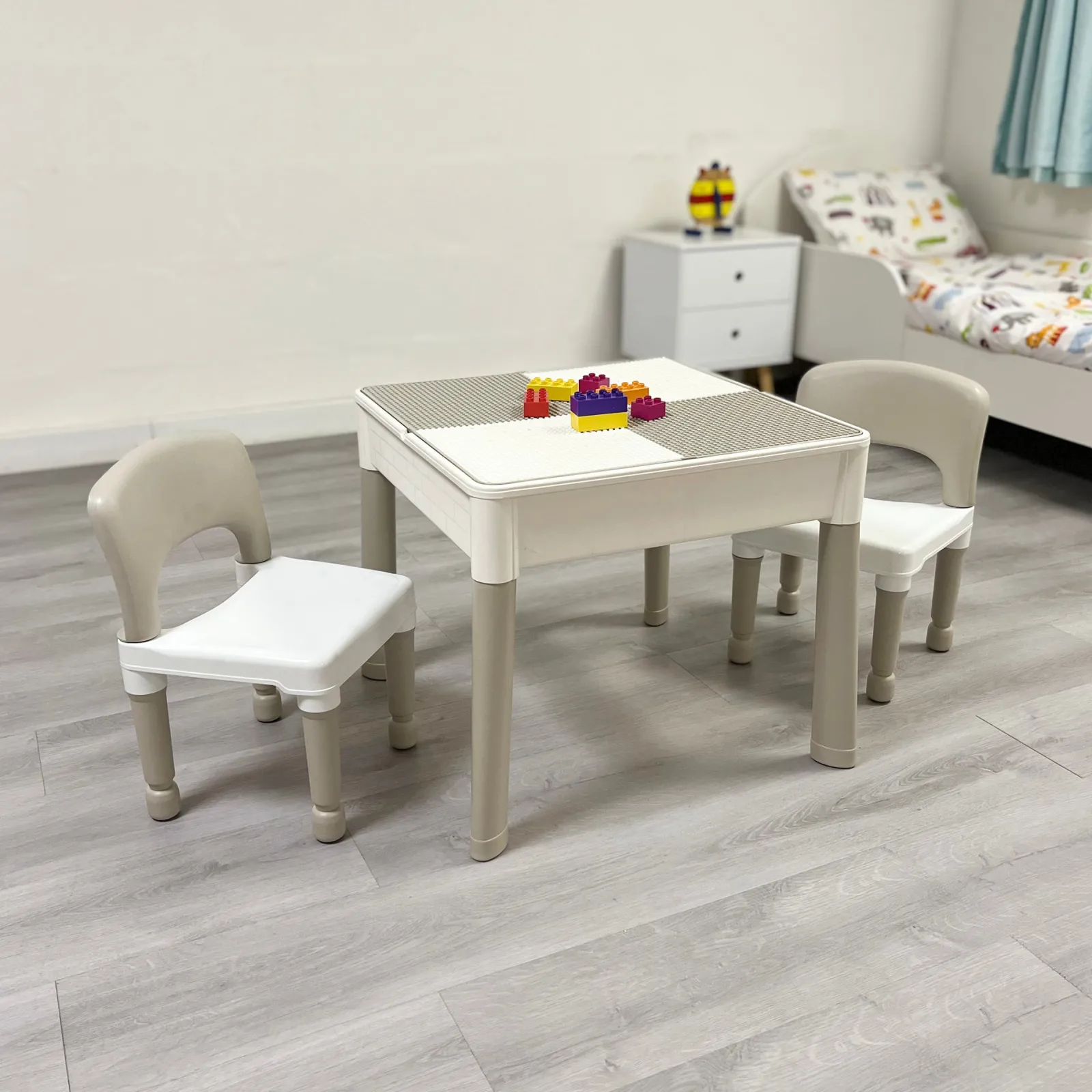 Little Helper Sand & Water Table & Sandpits & Mud Kitchens | Montessori Toys & Products | Montessori 5-in-1 Table & 2 Chairs Set | Sand & Water Pit | Lego | Dry Wipe Top | Grey & White