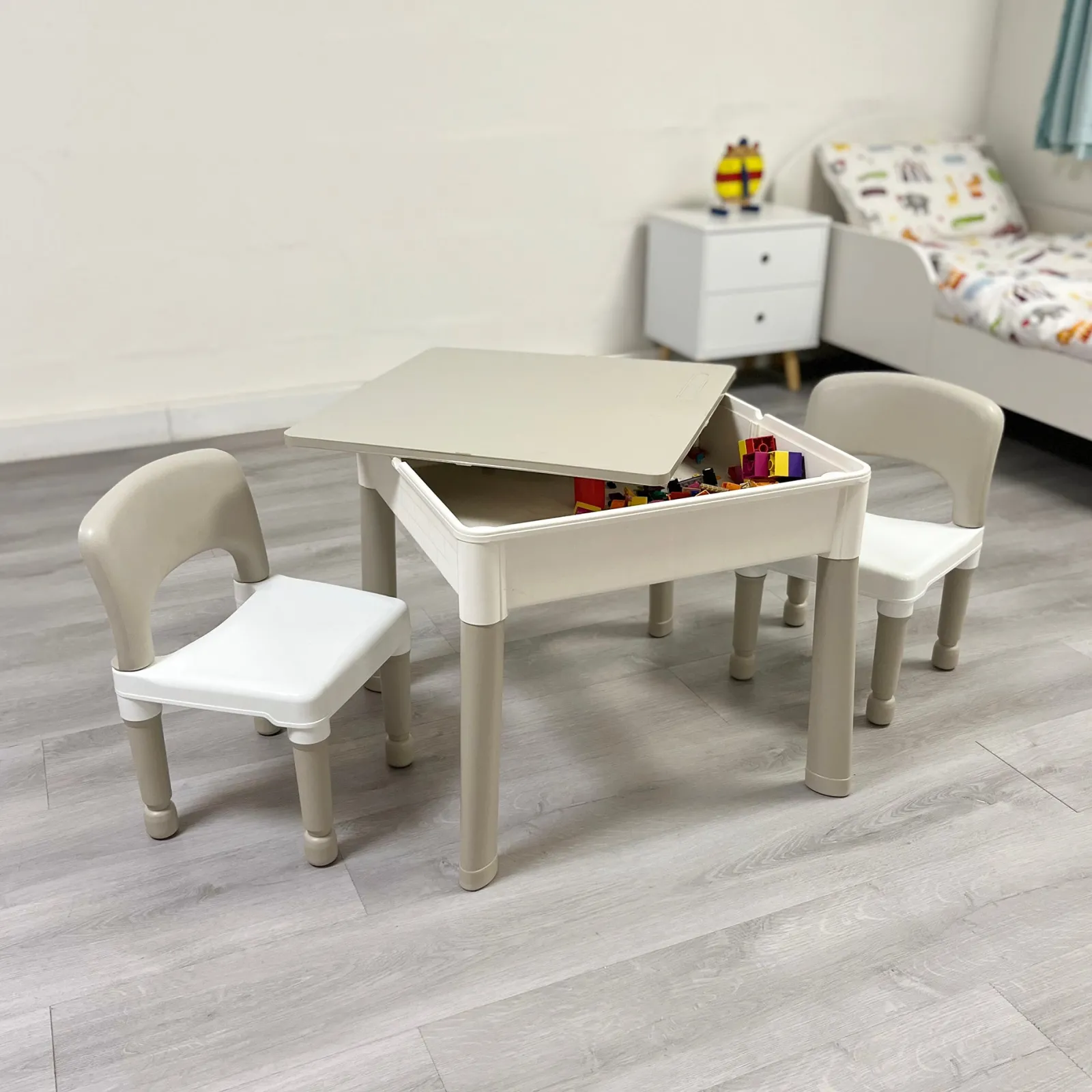 Little Helper Sand & Water Table & Sandpits & Mud Kitchens | Montessori Toys & Products | Montessori 5-in-1 Table & 2 Chairs Set | Sand & Water Pit | Lego | Dry Wipe Top | Grey & White