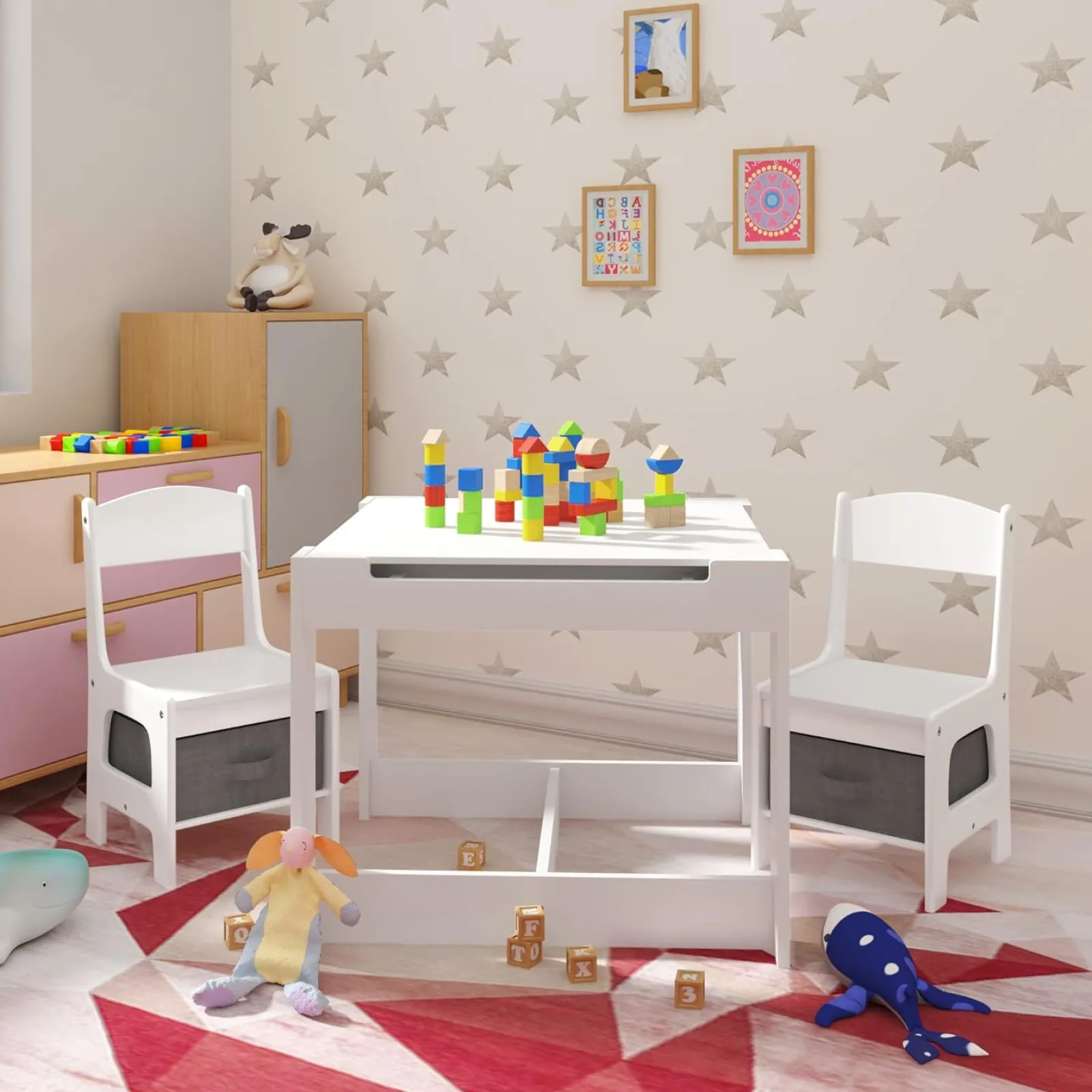 Little Helper Montessori Toys & Products | Table & Chairs (wooden) | Montessori 4-in-1 Table & Chairs | Reversible Top | Blackboard | Desk | Paper Roll | Grey Storage Drawers