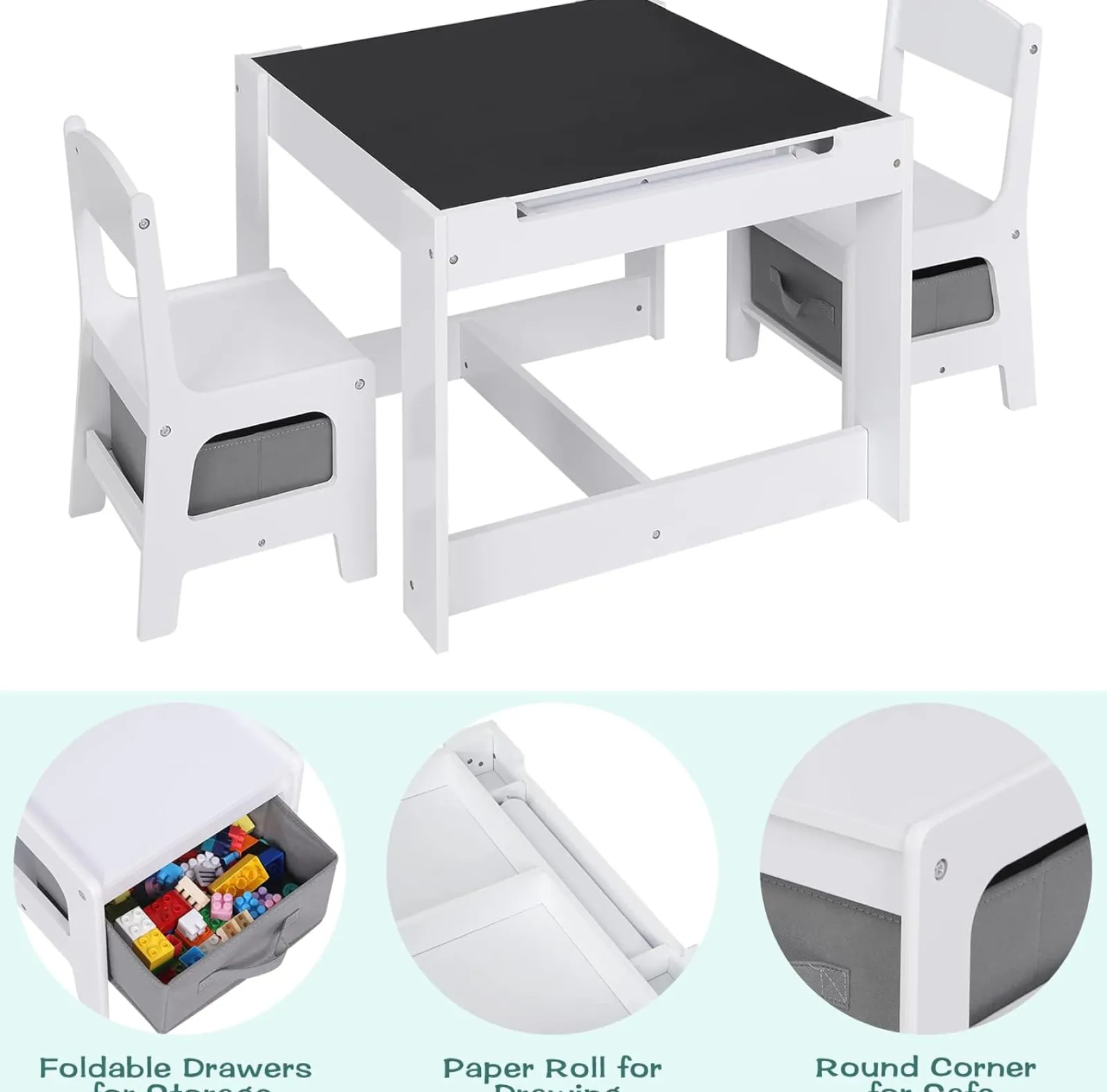 Little Helper Montessori Toys & Products | Table & Chairs (wooden) | Montessori 4-in-1 Table & Chairs | Reversible Top | Blackboard | Desk | Paper Roll | Grey Storage Drawers