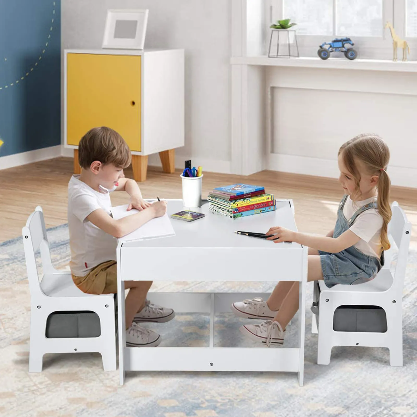 Little Helper Montessori Toys & Products | Table & Chairs (wooden) | Montessori 3-in-1 Table & Chairs | Reversible Top | Blackboard | Whiteboard Grey Storage Drawers