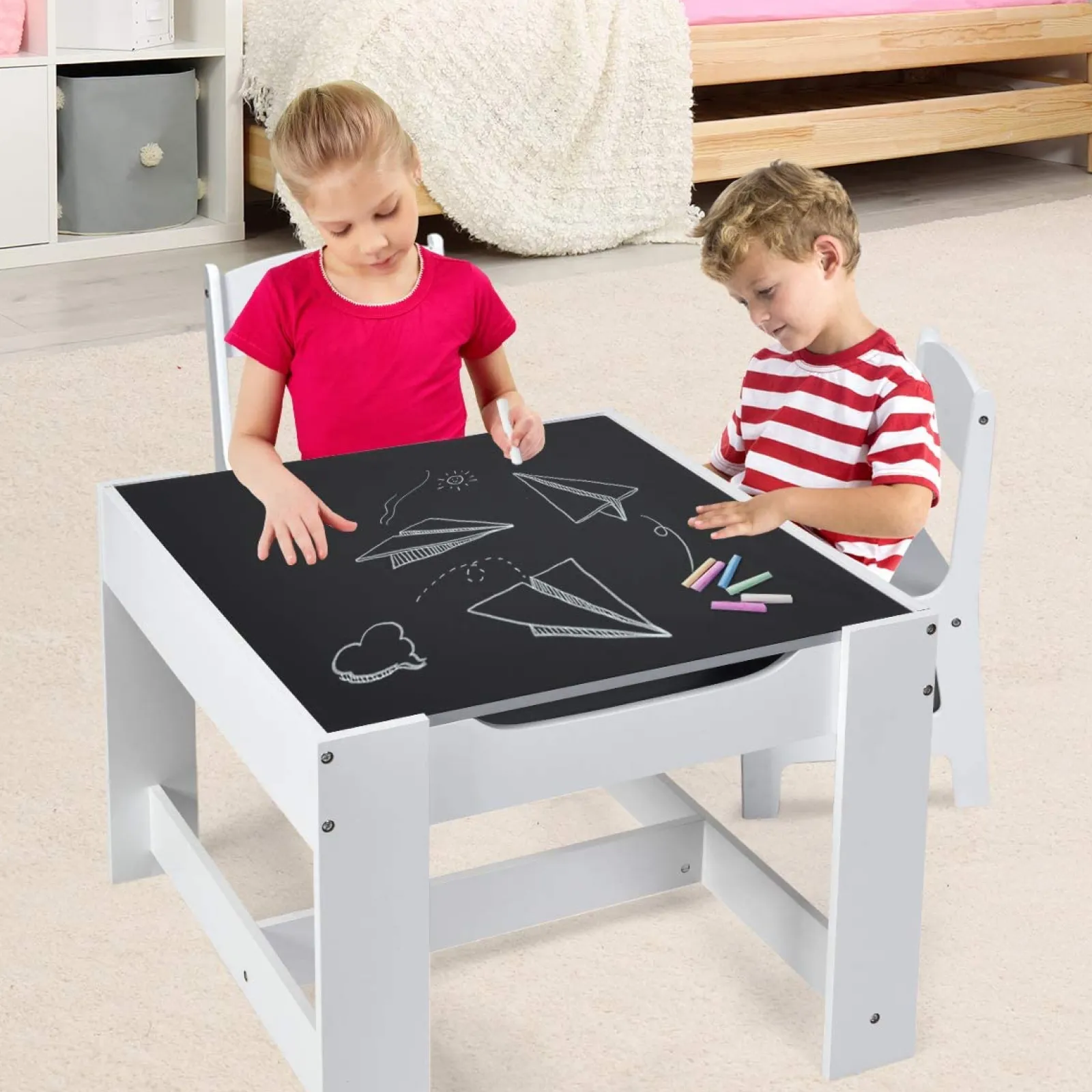 Little Helper Montessori Toys & Products | Table & Chairs (wooden) | Montessori 3-in-1 Table & Chairs | Reversible Top | Blackboard | Whiteboard Grey Storage Drawers