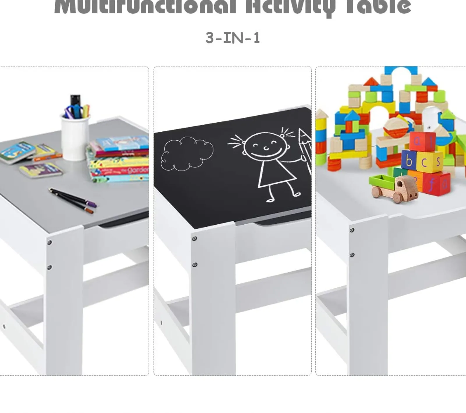 Little Helper Montessori Toys & Products | Table & Chairs (wooden) | Montessori 3-in-1 Table & Chairs | Reversible Top | Blackboard | Whiteboard Grey Storage Drawers