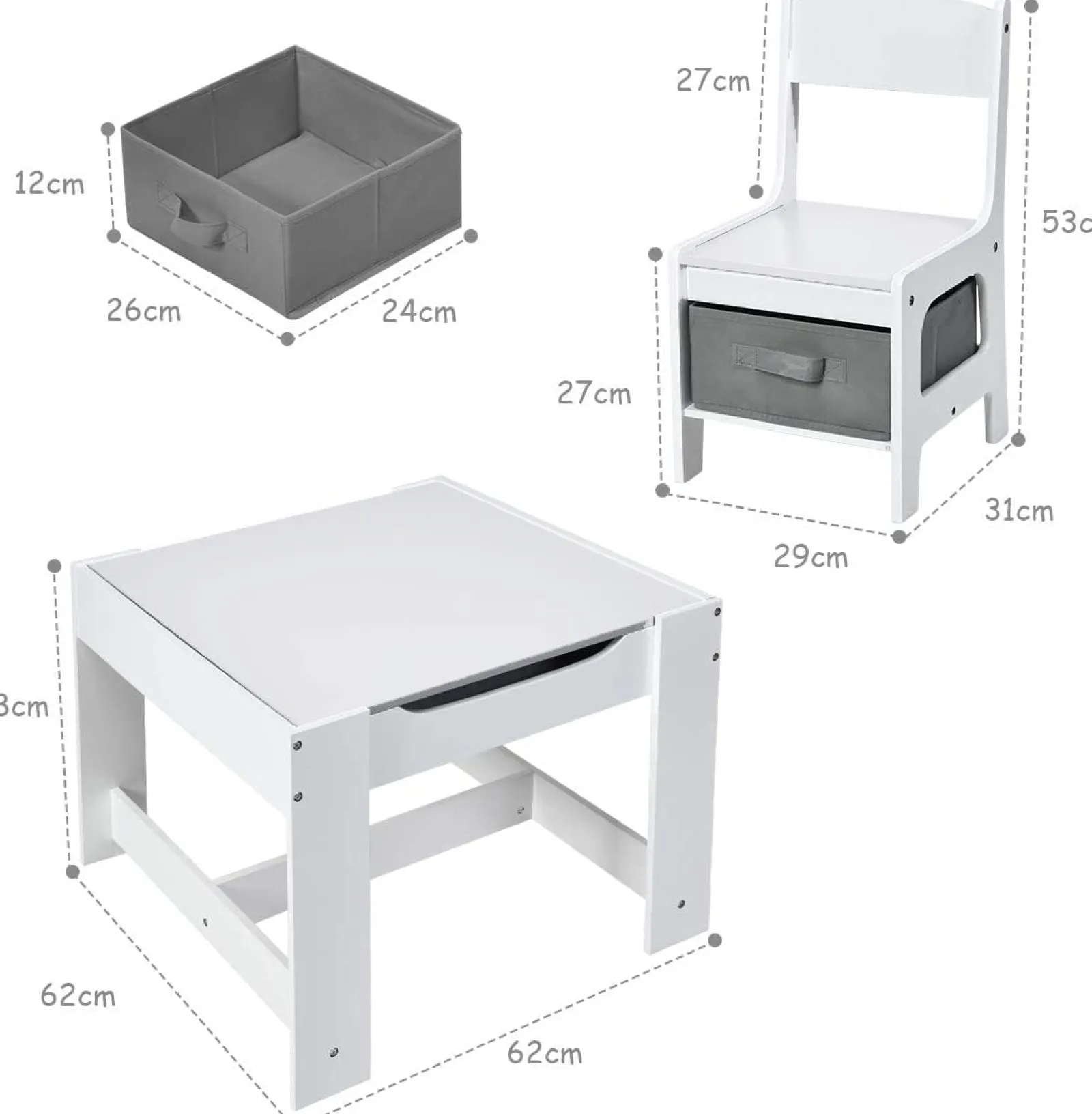 Little Helper Montessori Toys & Products | Table & Chairs (wooden) | Montessori 3-in-1 Table & Chairs | Reversible Top | Blackboard | Whiteboard Grey Storage Drawers