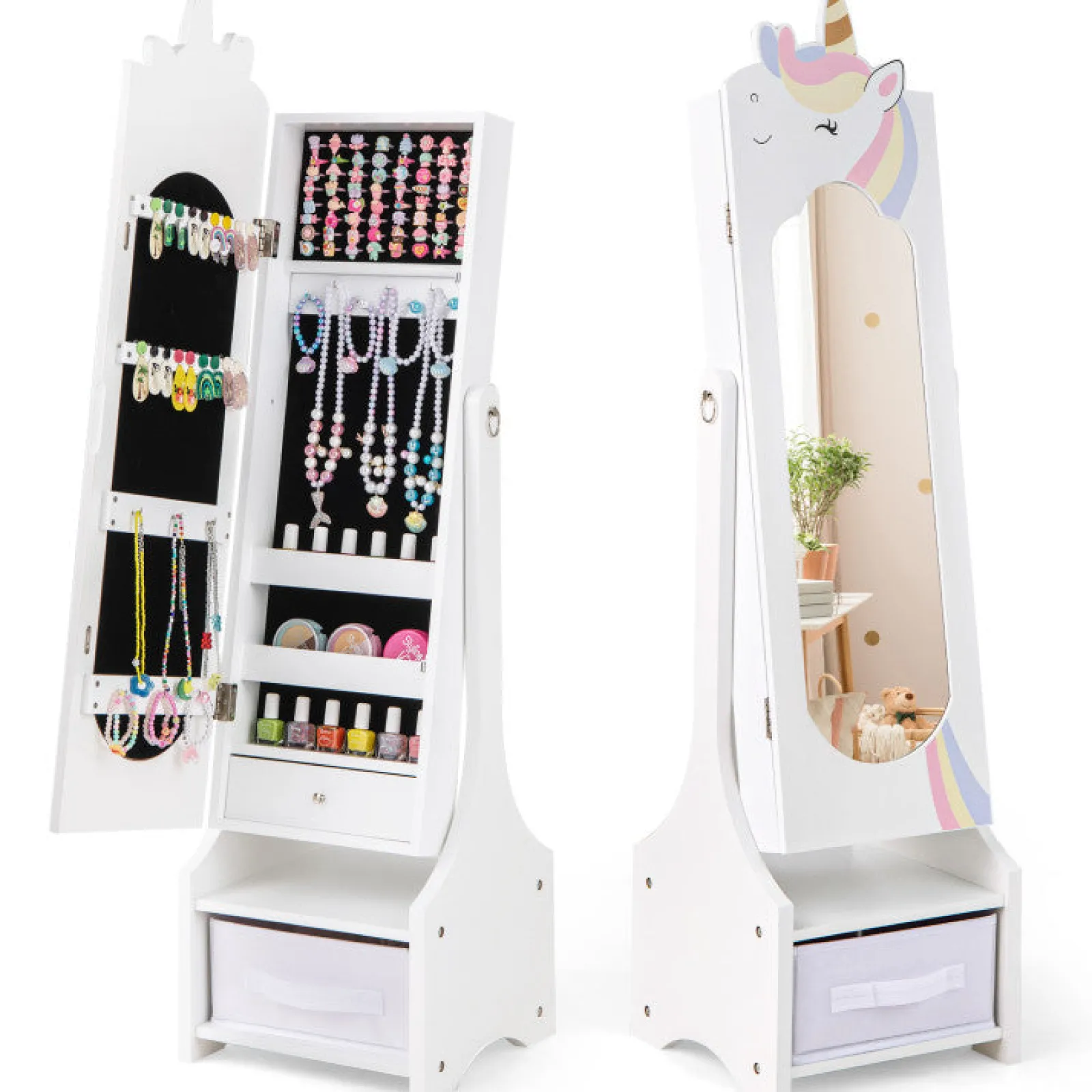 Little Helper Mirrors | Montessori 2-in-1 Unicorn Full Length Tilting Mirror & Jewellery Cabinet | Armoire | White