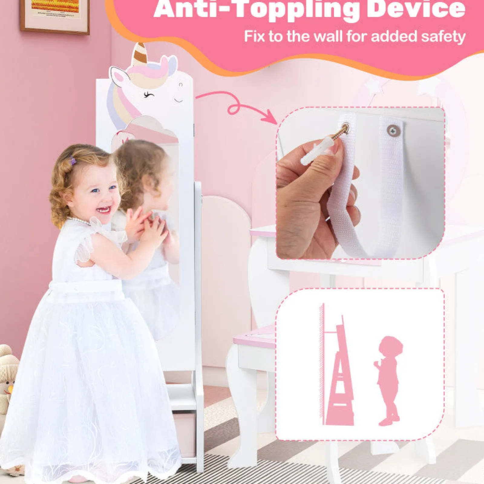 Little Helper Mirrors | Montessori 2-in-1 Unicorn Full Length Tilting Mirror & Jewellery Cabinet | Armoire | White