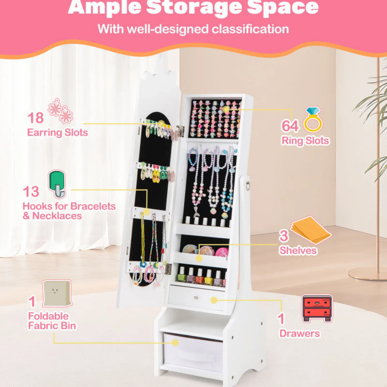 Little Helper Mirrors | Montessori 2-in-1 Unicorn Full Length Tilting Mirror & Jewellery Cabinet | Armoire | White