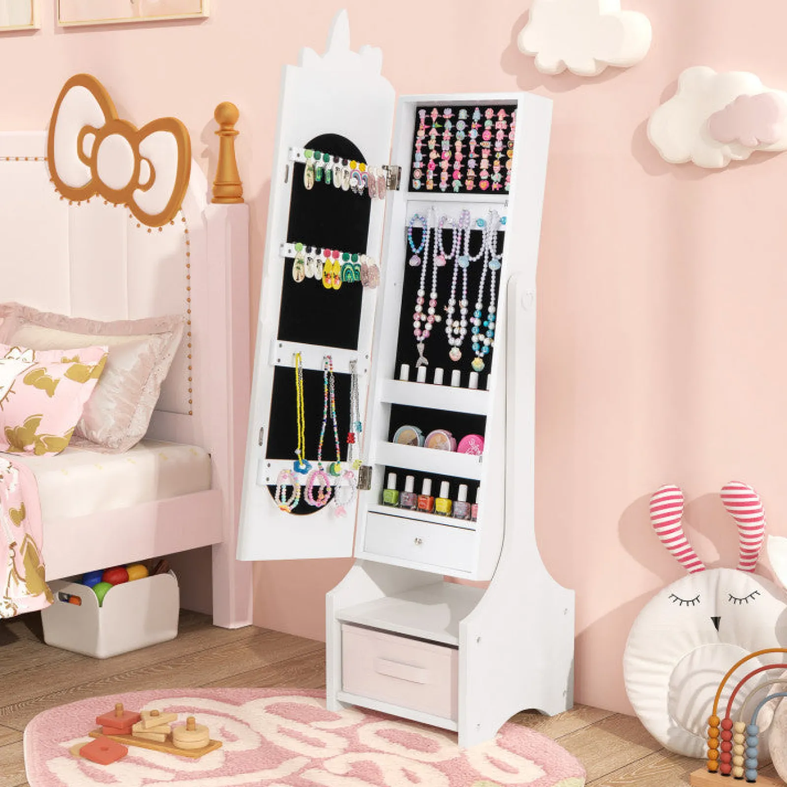 Little Helper Mirrors | Montessori 2-in-1 Unicorn Full Length Tilting Mirror & Jewellery Cabinet | Armoire | White