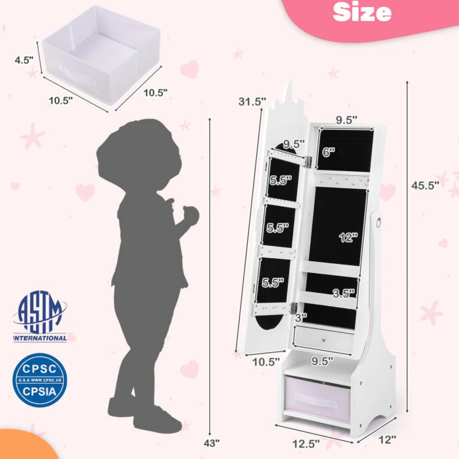 Little Helper Mirrors | Montessori 2-in-1 Unicorn Full Length Tilting Mirror & Jewellery Cabinet | Armoire | White