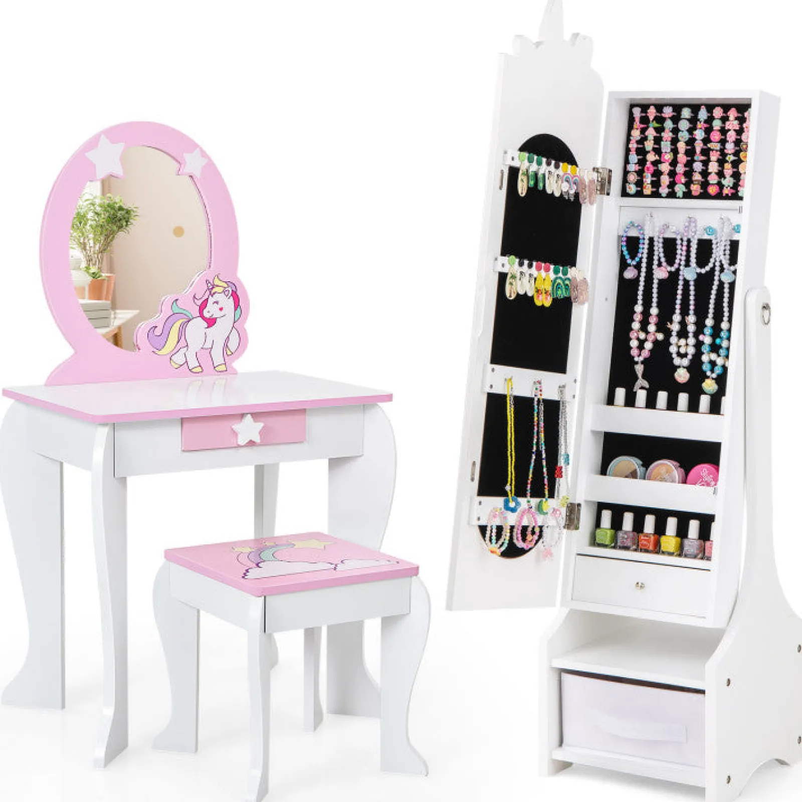 Little Helper Mirrors | Montessori 2-in-1 Unicorn Full Length Tilting Mirror & Jewellery Cabinet | Armoire | White