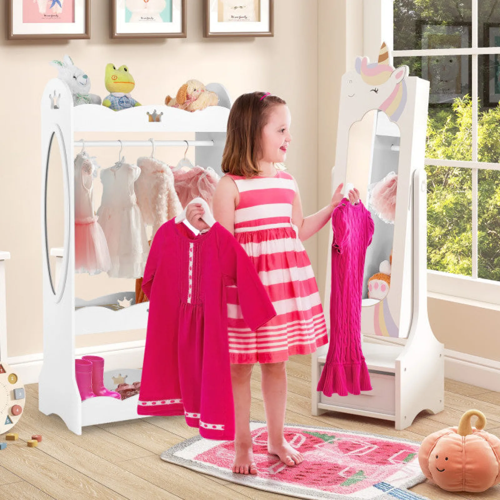 Little Helper Mirrors | Montessori 2-in-1 Unicorn Full Length Tilting Mirror & Jewellery Cabinet | Armoire | White