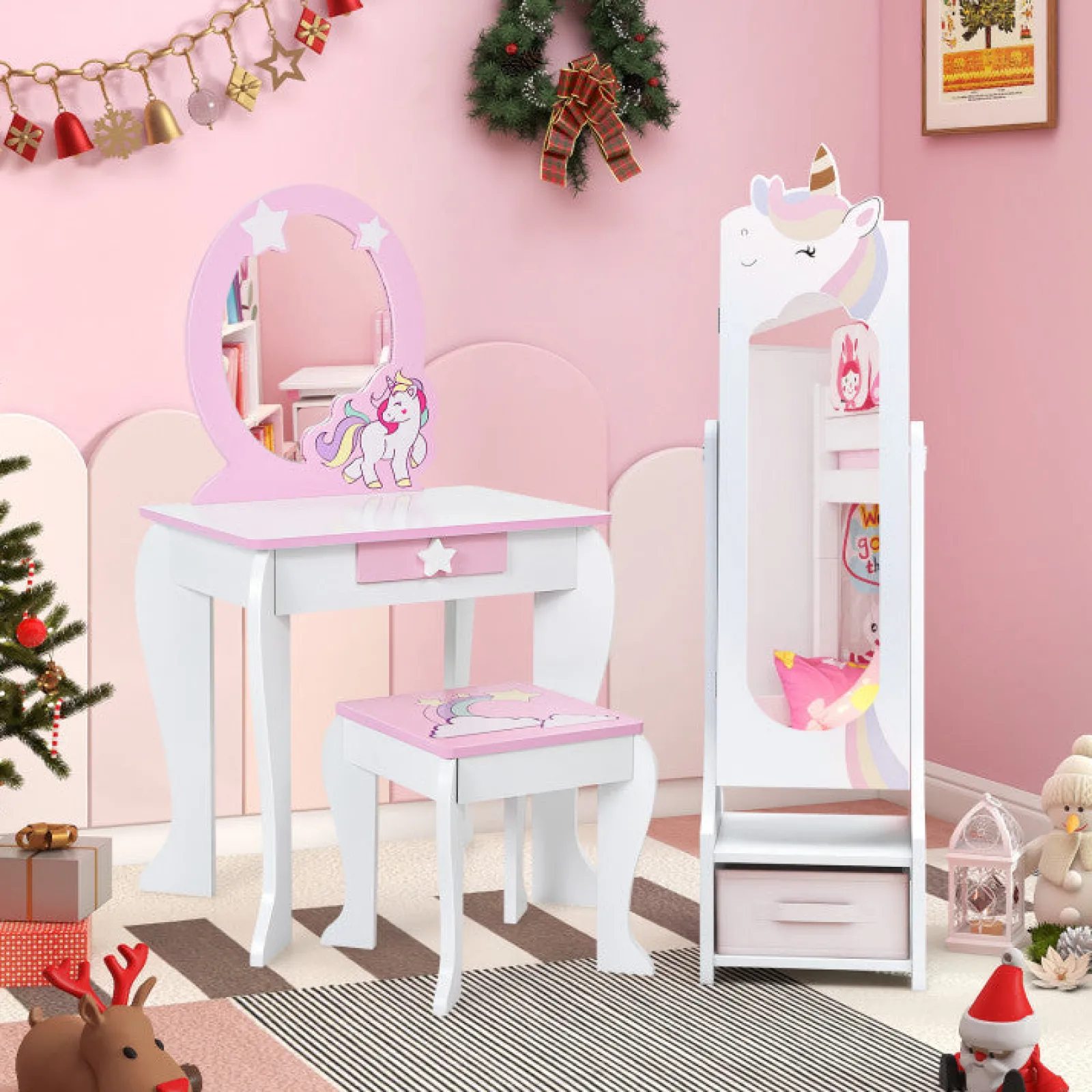 Little Helper Mirrors | Montessori 2-in-1 Unicorn Full Length Tilting Mirror & Jewellery Cabinet | Armoire | White