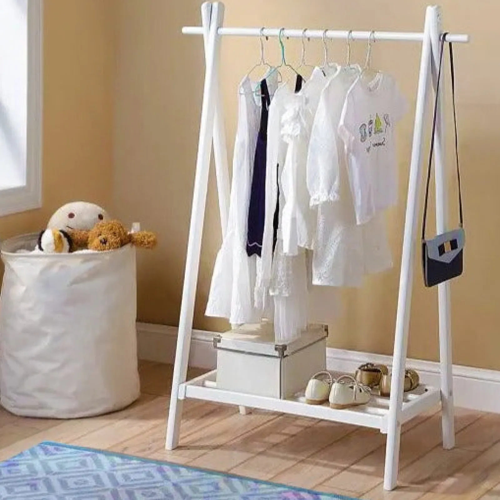 Little Helper Montessori Toys & Products | Clothes Rail & Dressing Up Rails | Montessori Kids Eco-Wooden Dress-up Rail | Clothes Rail with Shelf | White | 1.2m High