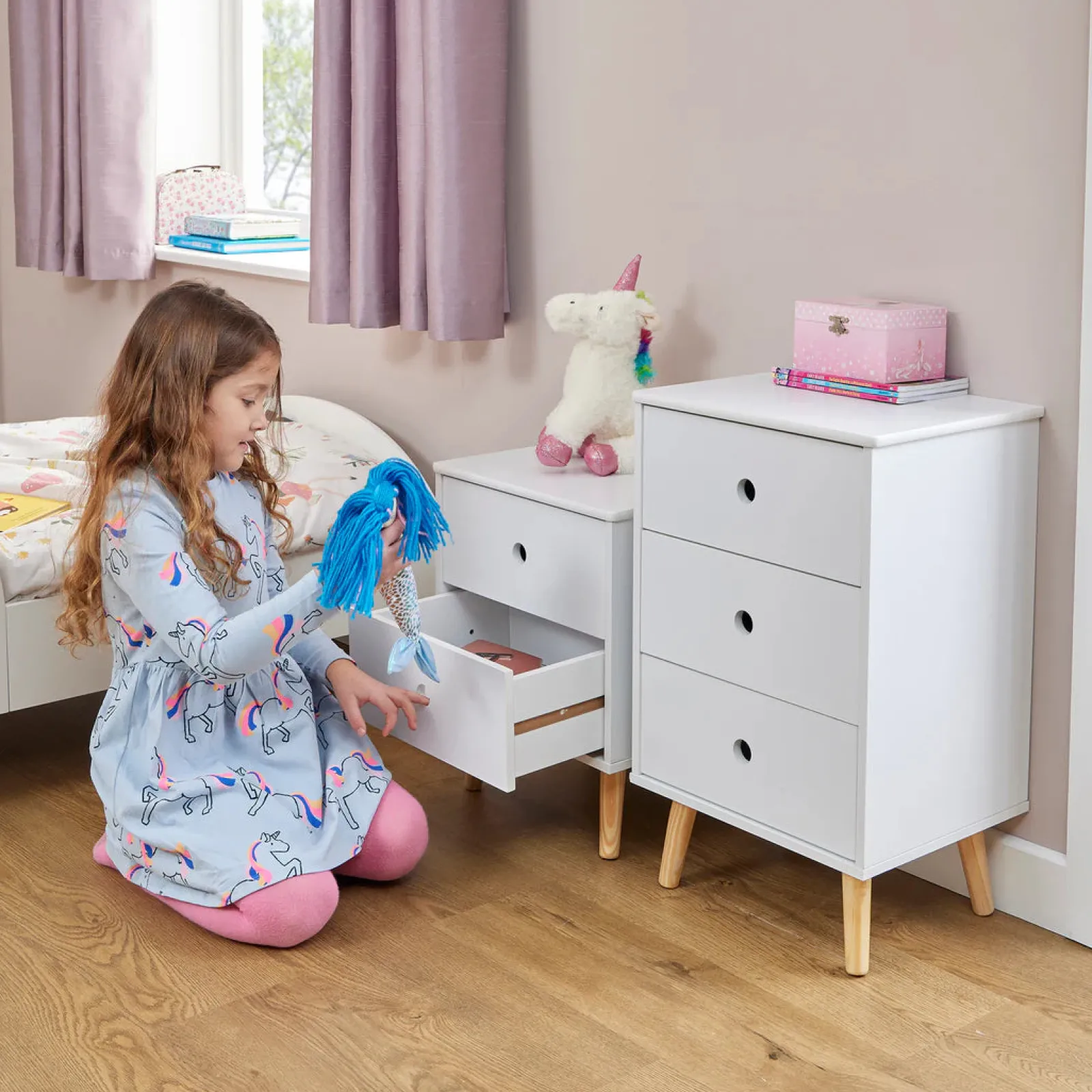 Little Helper Toy Storage Units | Toy Storage Units | Montessori Modern Bedside Drawers | Children's Toy Storage | White | Pine Legs