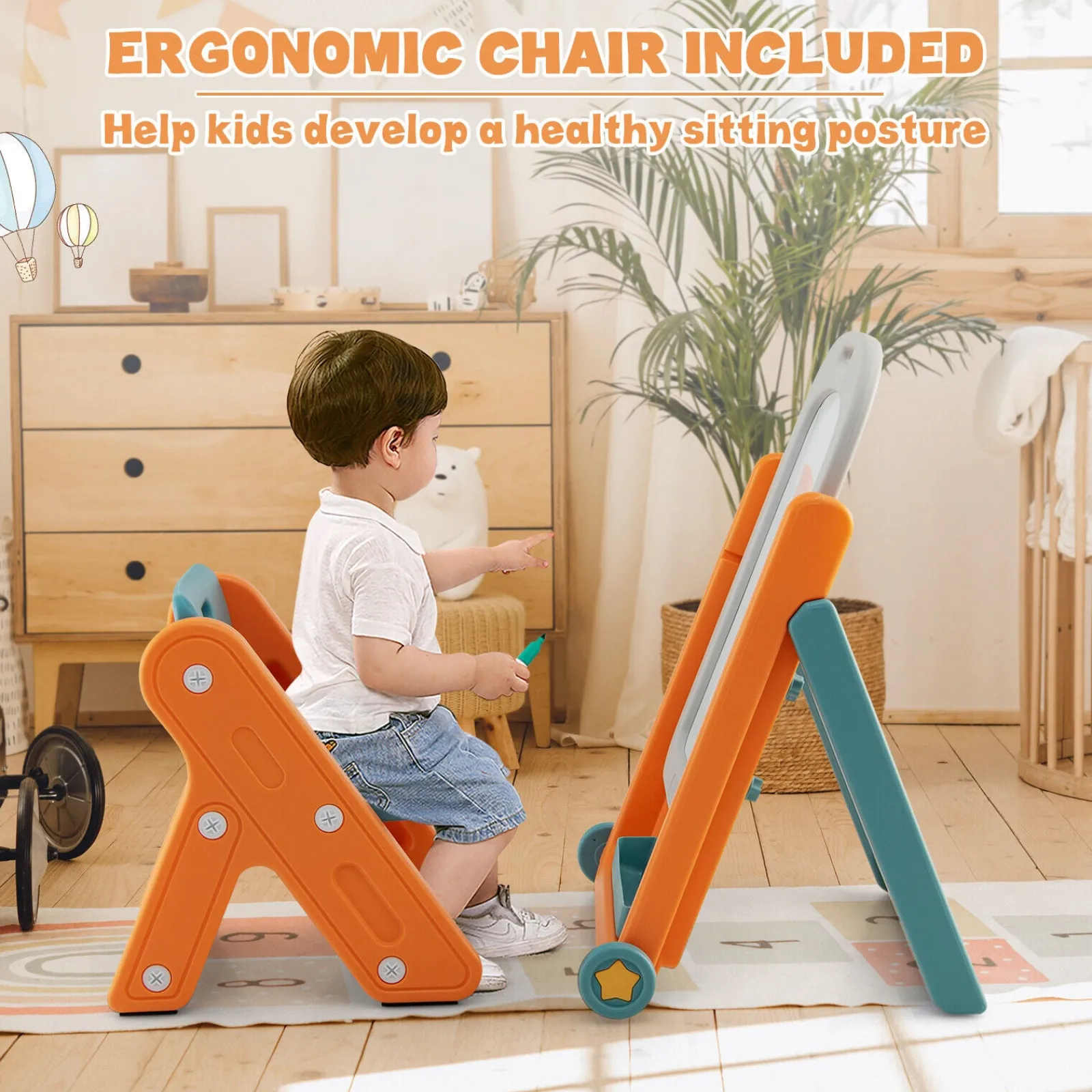 Little Helper Easels & Accessories | Kids Easels & Accessories | Montessori Portable & Foldable Height Adjustable Easel & Spine-Supporting Chair | 3-7 Years