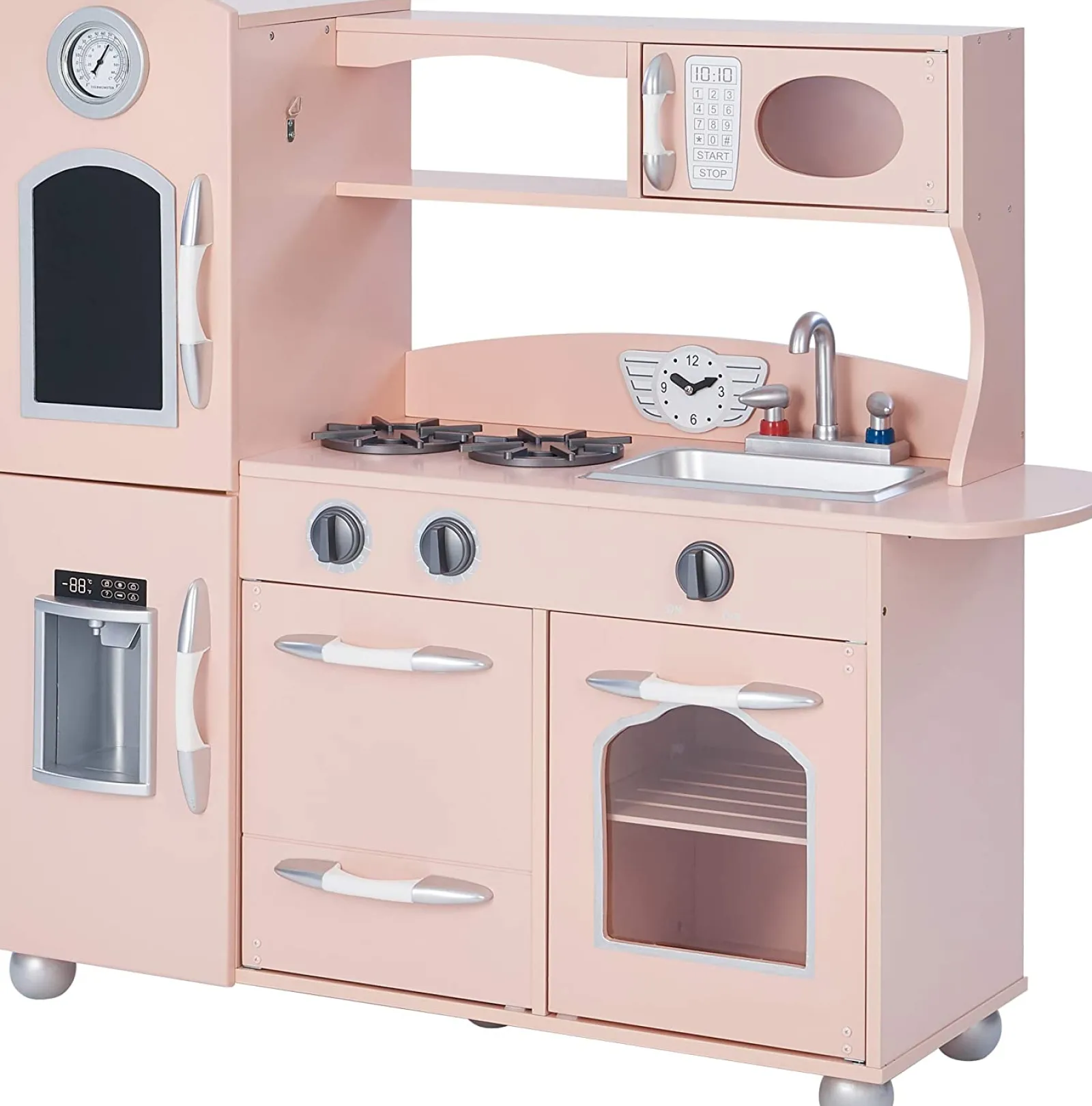 Little Helper Wooden Toys & Educational Toys | Toy Kitchens | Montessori Retro Design Wooden Toy Kitchen with Realistic Accessories & Pretend Ice | Pink
