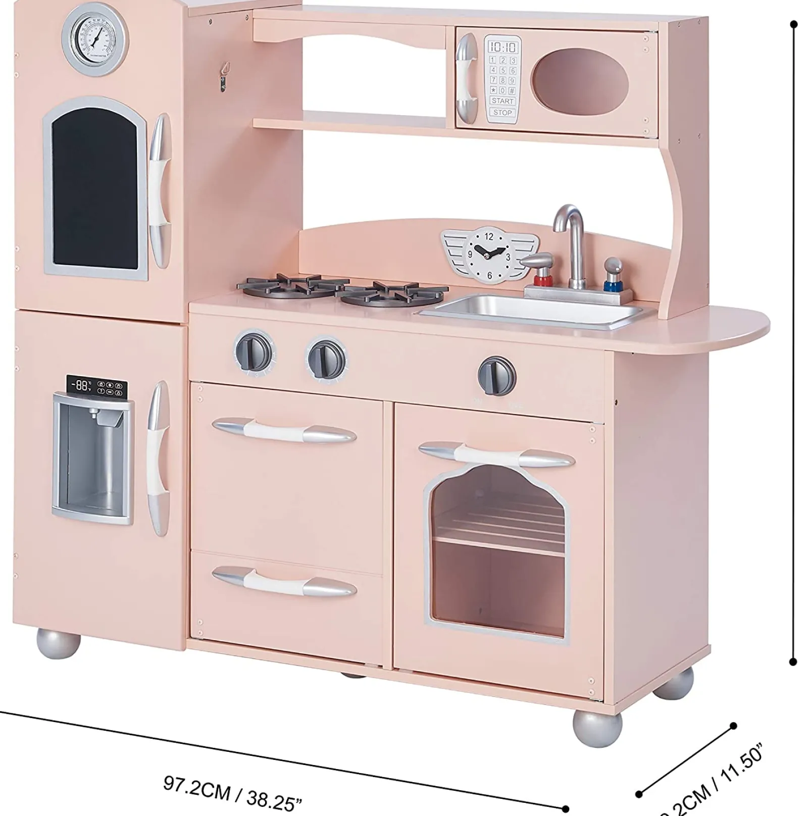 Little Helper Wooden Toys & Educational Toys | Toy Kitchens | Montessori Retro Design Wooden Toy Kitchen with Realistic Accessories & Pretend Ice | Pink