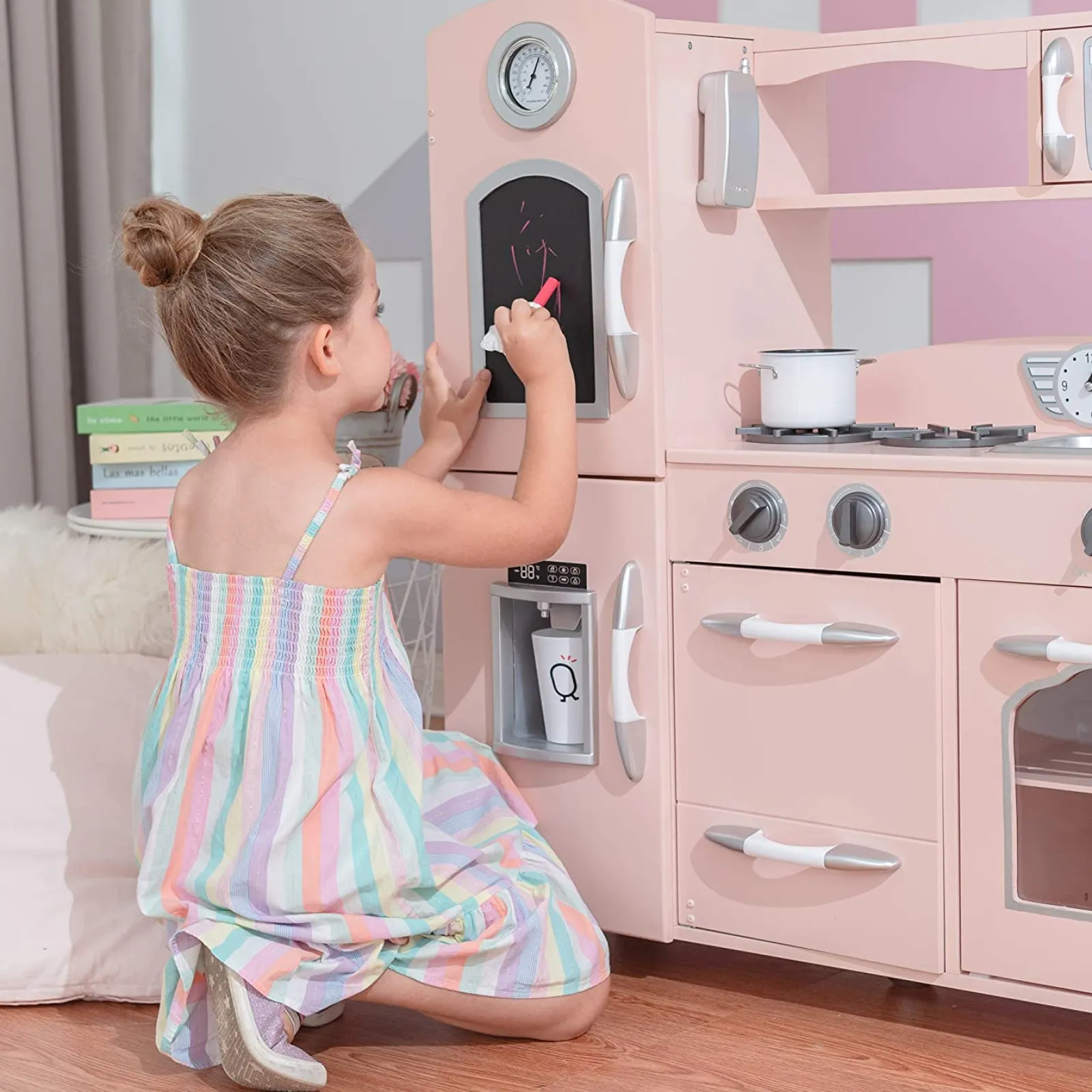 Little Helper Wooden Toys & Educational Toys | Toy Kitchens | Montessori Retro Design Wooden Toy Kitchen with Realistic Accessories & Pretend Ice | Pink