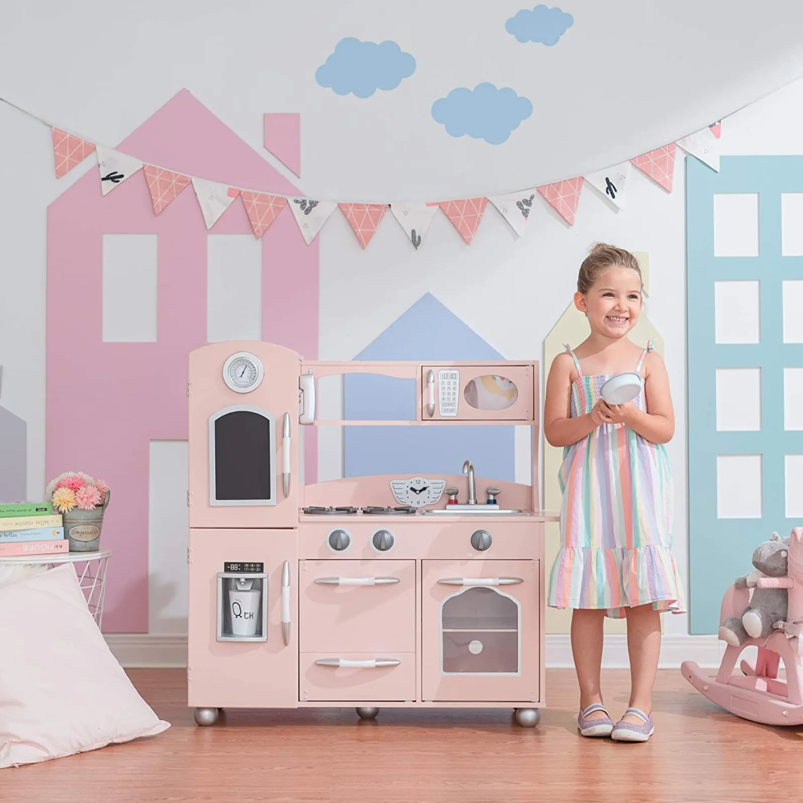 Little Helper Wooden Toys & Educational Toys | Toy Kitchens | Montessori Retro Design Wooden Toy Kitchen with Realistic Accessories & Pretend Ice | Pink