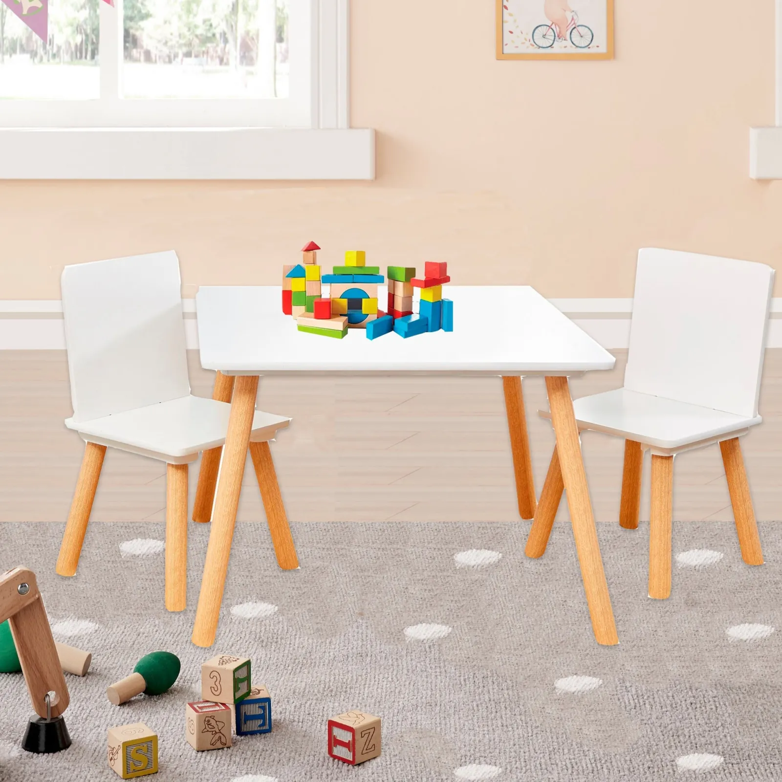 Little Helper Montessori Toys & Products | Table & Chairs (wooden) | Montessori Scandi-Design Scratch-Resistant White and Pine Wood Table 2 Chairs Set | 2 Years+