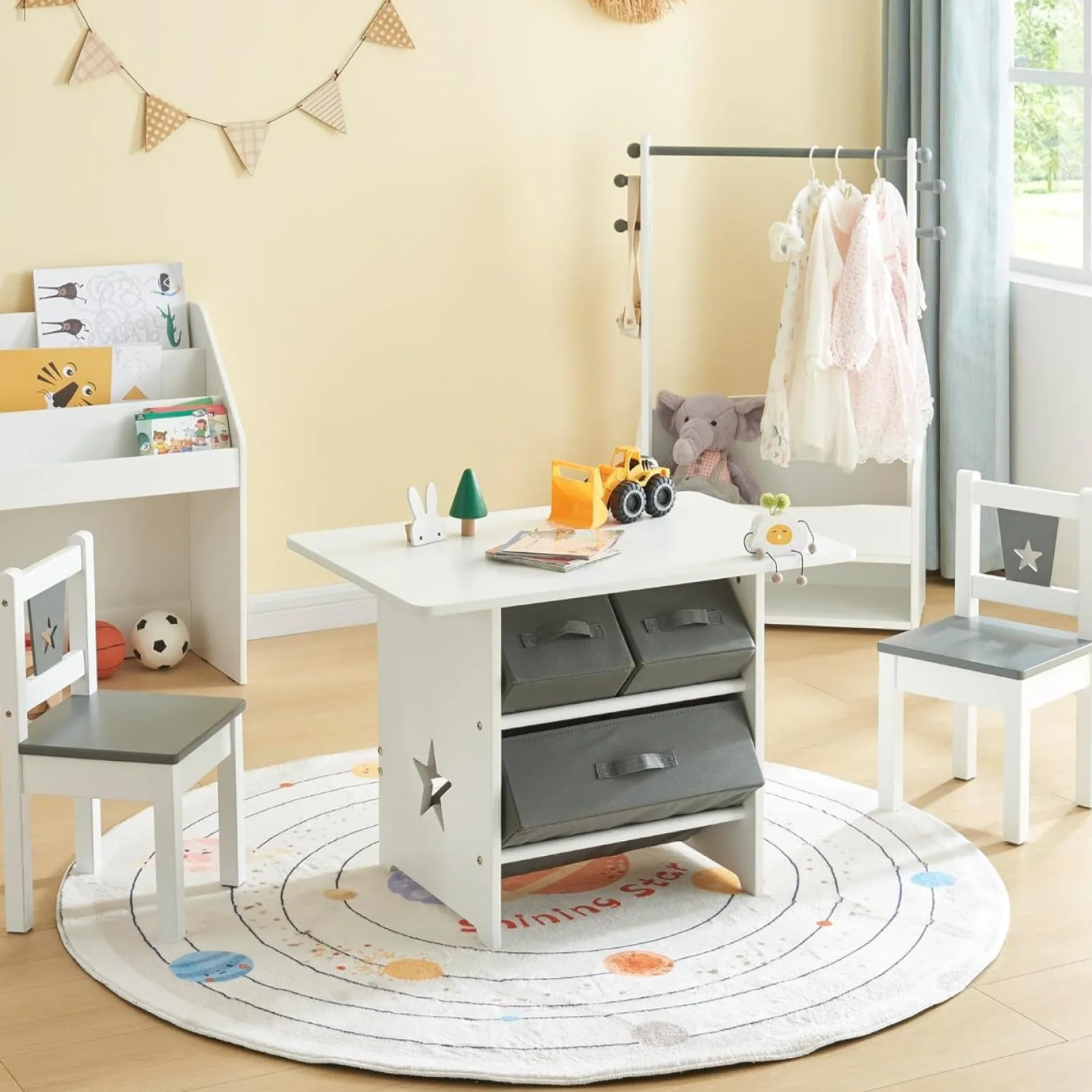 Little Helper Table & Chairs (wooden) | Montessori Scratch-resistant Table & 2 Chairs Set | Large Storage Drawers | White & Grey