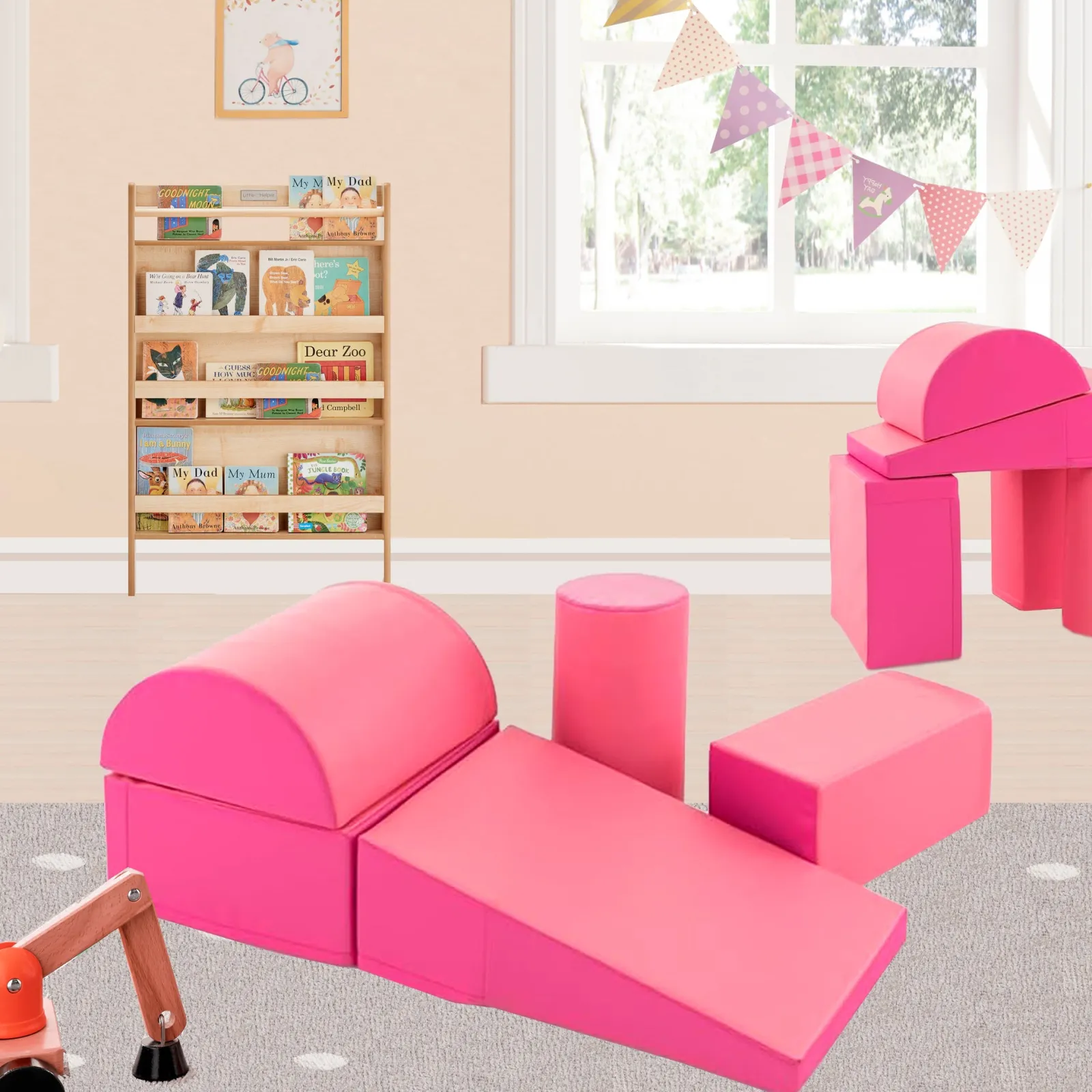 Little Helper Swing & Slide Sets & Garden Play & Trampolines | Kids Climbing Frames & Activity Toys | Montessori Soft Play Equipment | Pikler 5 Piece Foam Soft Play Set | Soft Play Slide & Bridge | Hot Pink | 1-3 years