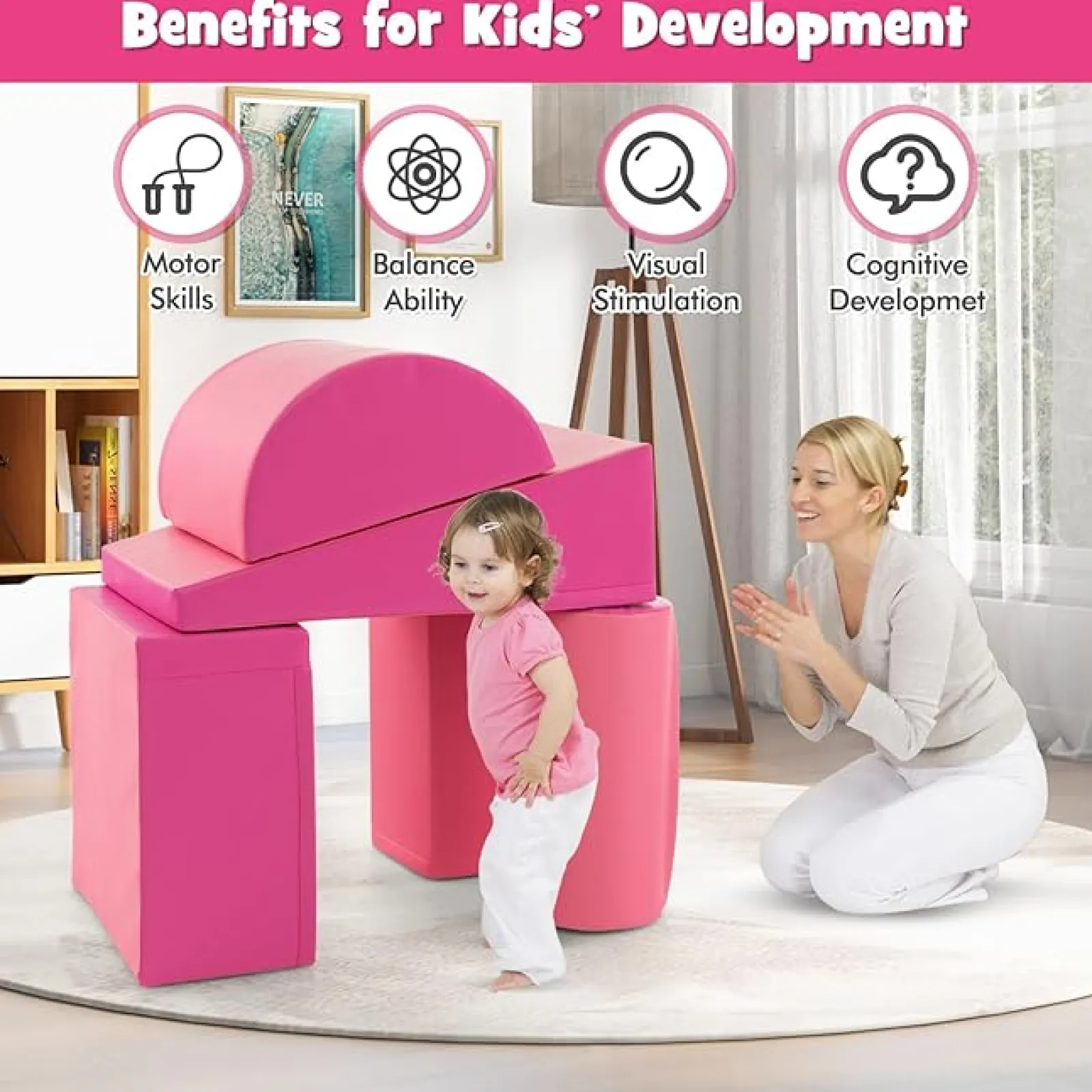 Little Helper Swing & Slide Sets & Garden Play & Trampolines | Kids Climbing Frames & Activity Toys | Montessori Soft Play Equipment | Pikler 5 Piece Foam Soft Play Set | Soft Play Slide & Bridge | Hot Pink | 1-3 years