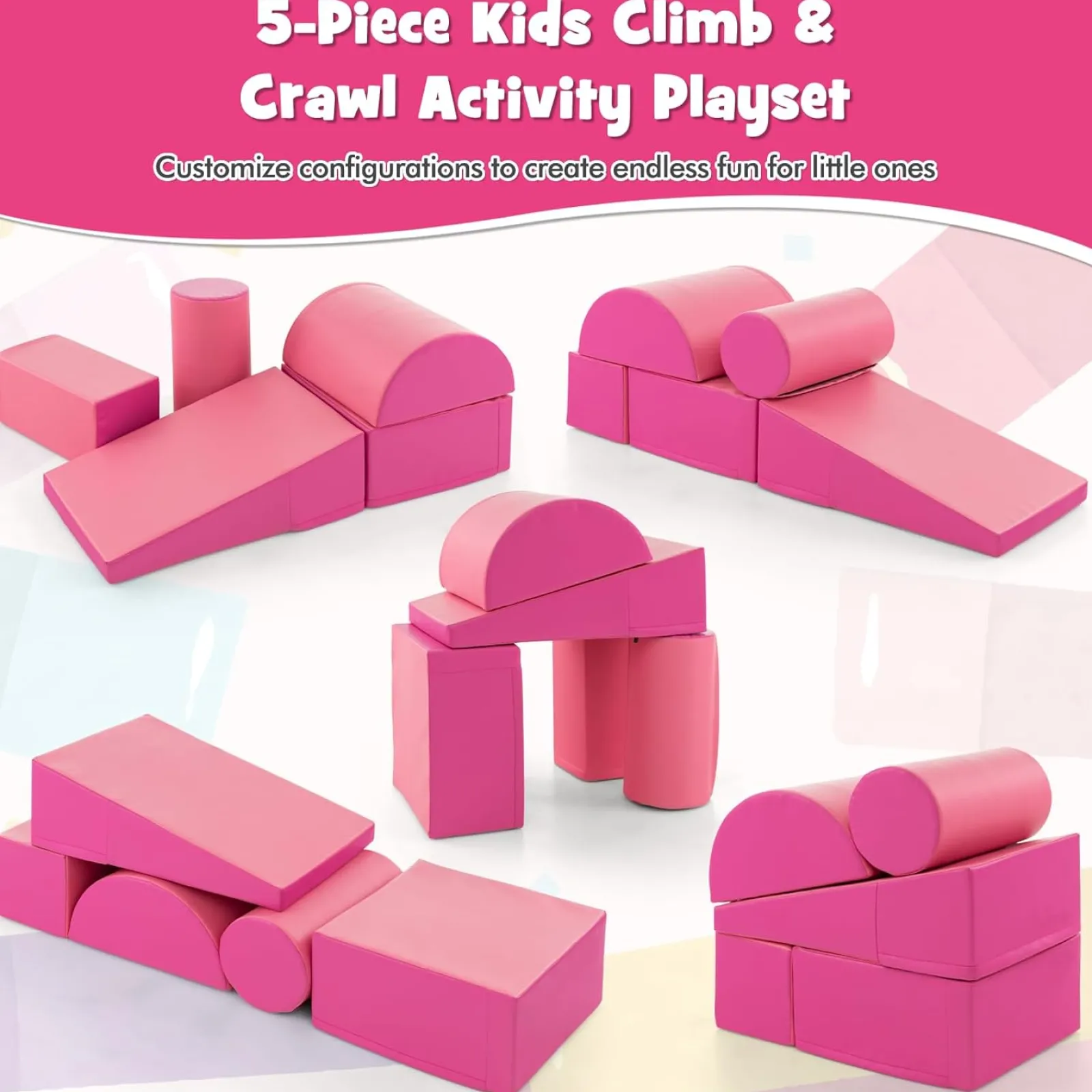 Little Helper Swing & Slide Sets & Garden Play & Trampolines | Kids Climbing Frames & Activity Toys | Montessori Soft Play Equipment | Pikler 5 Piece Foam Soft Play Set | Soft Play Slide & Bridge | Hot Pink | 1-3 years