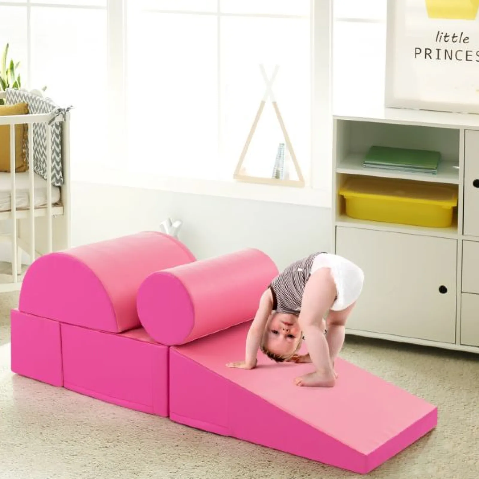Little Helper Swing & Slide Sets & Garden Play & Trampolines | Kids Climbing Frames & Activity Toys | Montessori Soft Play Equipment | Pikler 5 Piece Foam Soft Play Set | Soft Play Slide & Bridge | Hot Pink | 1-3 years
