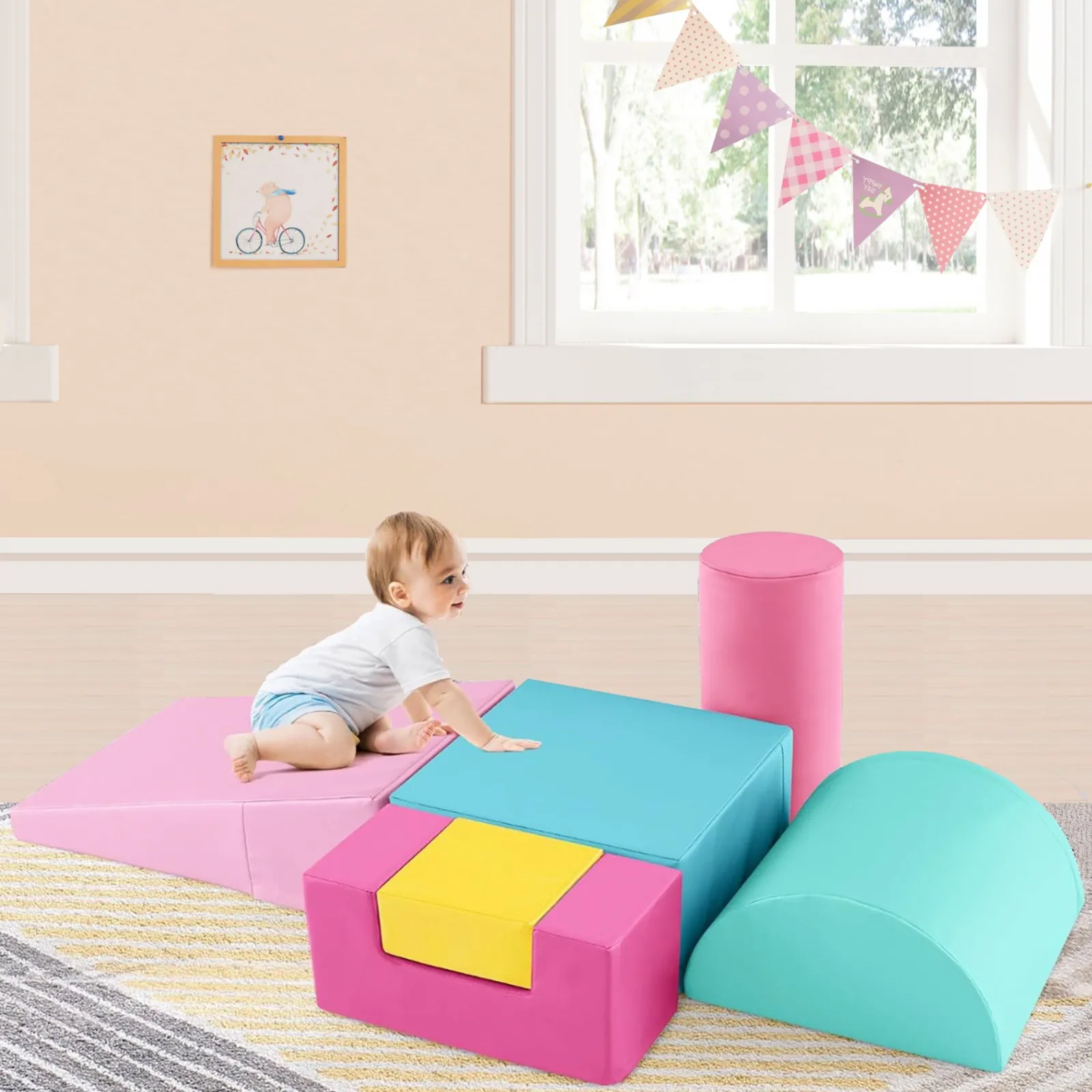 Little Helper Montessori Toys & Products | Activity Toys | Montessori Soft Play Equipment | Pikler 6 Piece Foam Soft Play Set | Soft Play Slide & Bridge | Pastel Macaron Set | 1-3 years