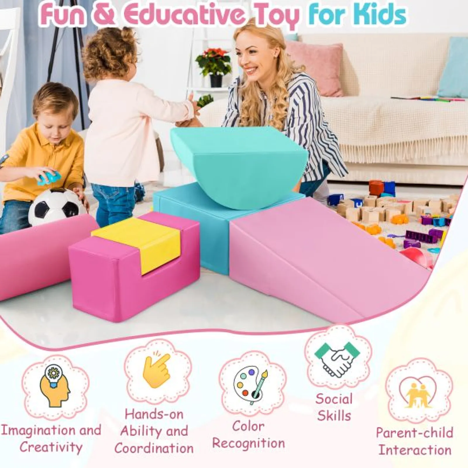 Little Helper Montessori Toys & Products | Activity Toys | Montessori Soft Play Equipment | Pikler 6 Piece Foam Soft Play Set | Soft Play Slide & Bridge | Pastel Macaron Set | 1-3 years