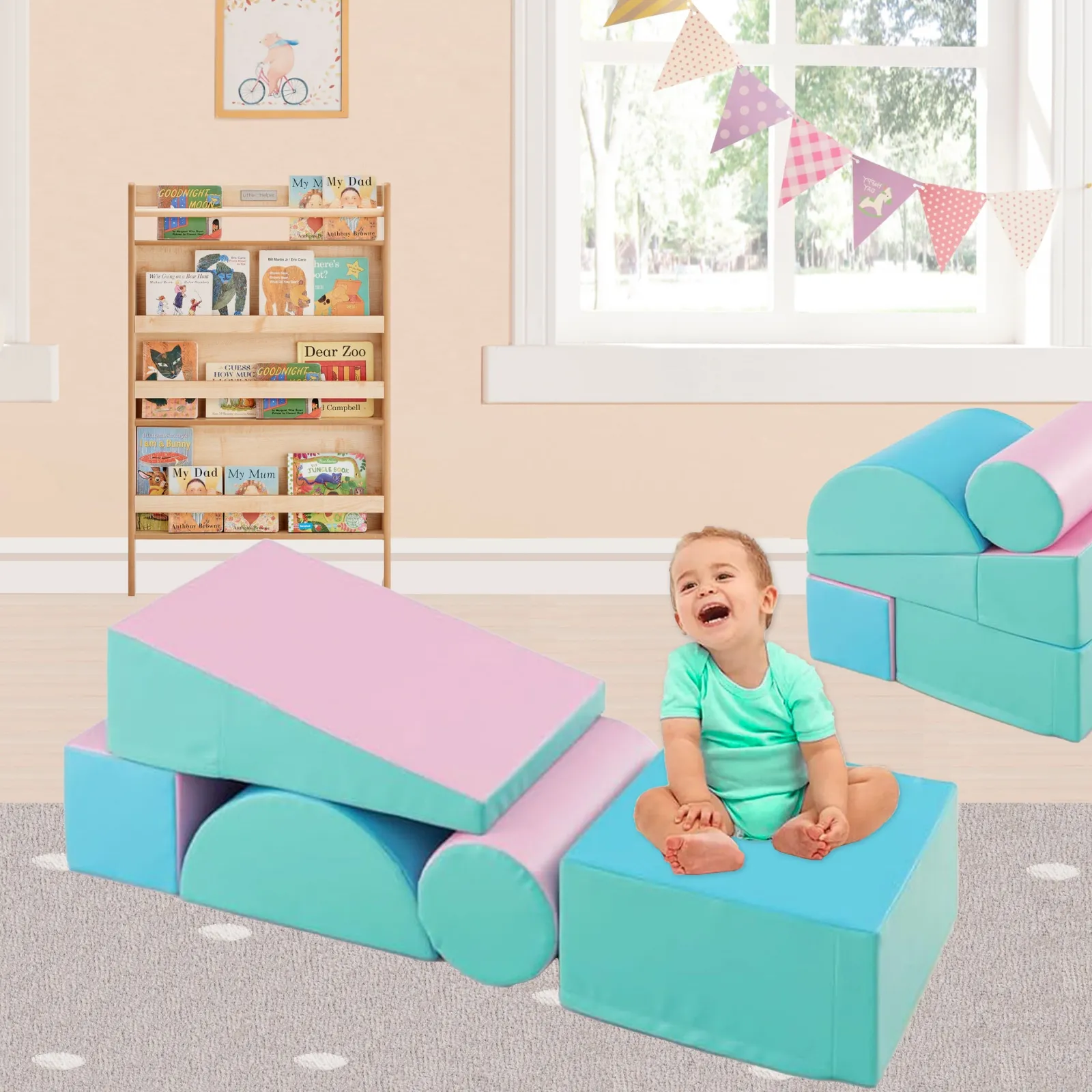 Little Helper Swing & Slide Sets & Garden Play & Trampolines | Kids Climbing Frames & Activity Toys | Montessori Soft Play Equipment | Pikler 5 Piece Foam Soft Play Set | Soft Play Slide & Bridge | Pastel Mints | 1-3 years