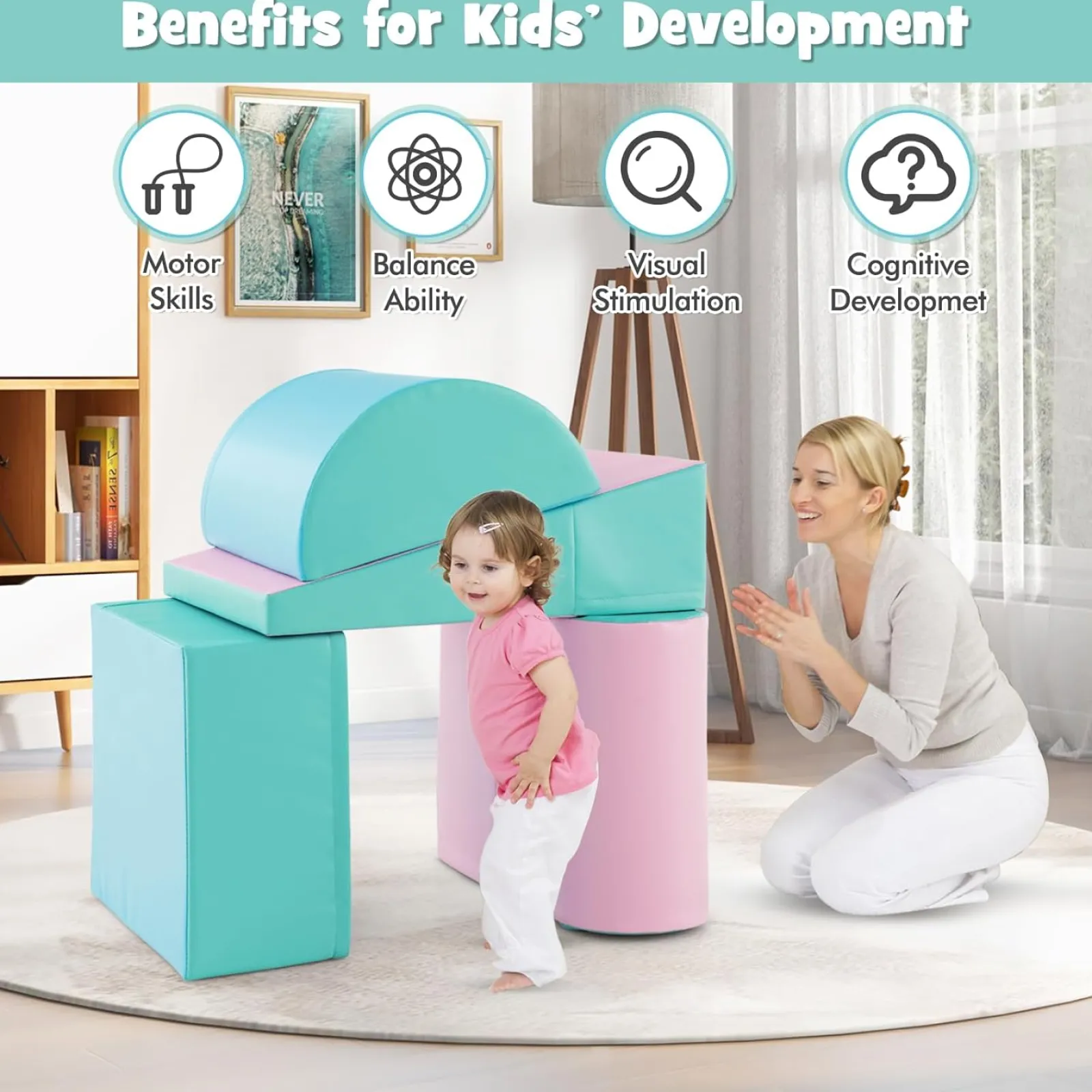 Little Helper Swing & Slide Sets & Garden Play & Trampolines | Kids Climbing Frames & Activity Toys | Montessori Soft Play Equipment | Pikler 5 Piece Foam Soft Play Set | Soft Play Slide & Bridge | Pastel Mints | 1-3 years