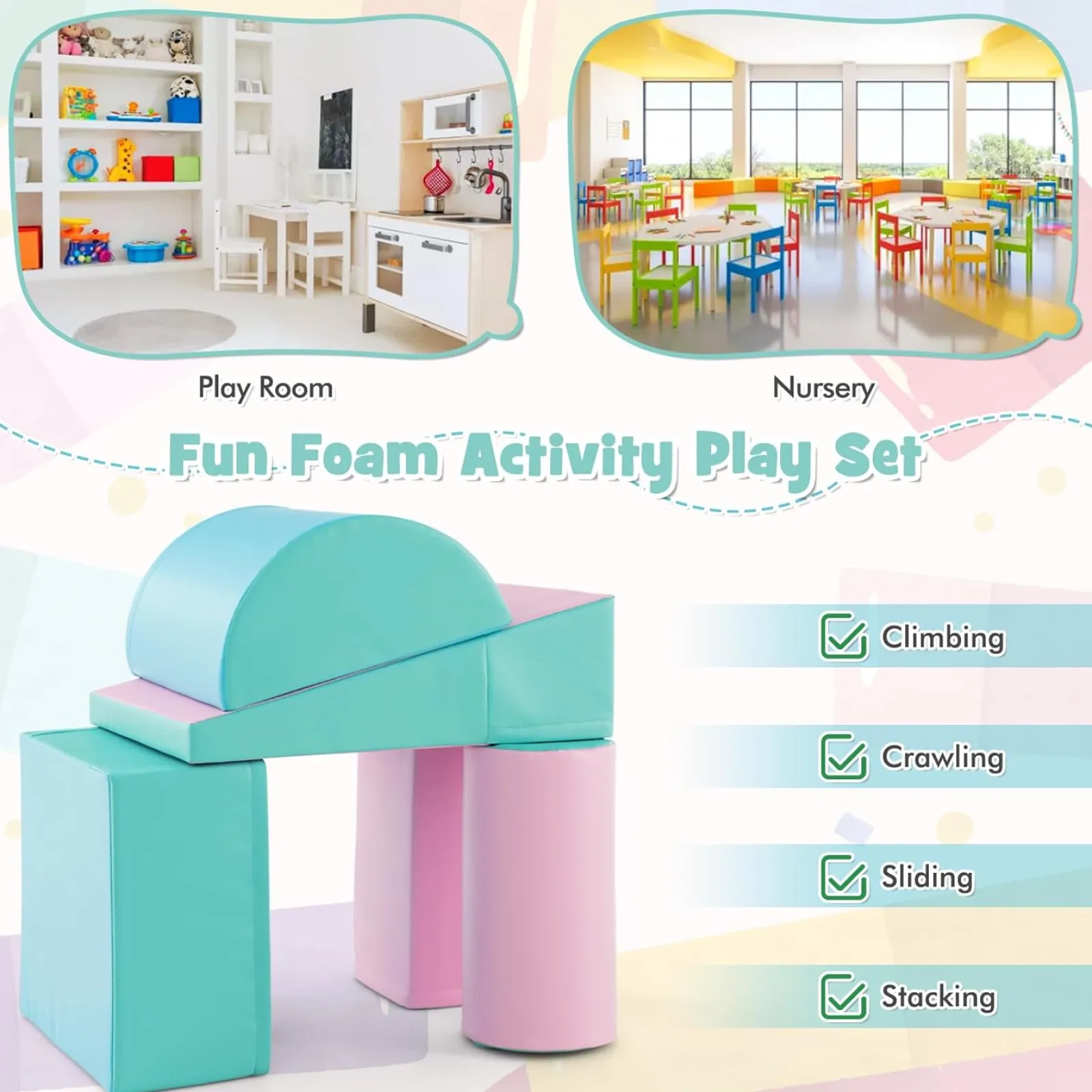 Little Helper Swing & Slide Sets & Garden Play & Trampolines | Kids Climbing Frames & Activity Toys | Montessori Soft Play Equipment | Pikler 5 Piece Foam Soft Play Set | Soft Play Slide & Bridge | Pastel Mints | 1-3 years
