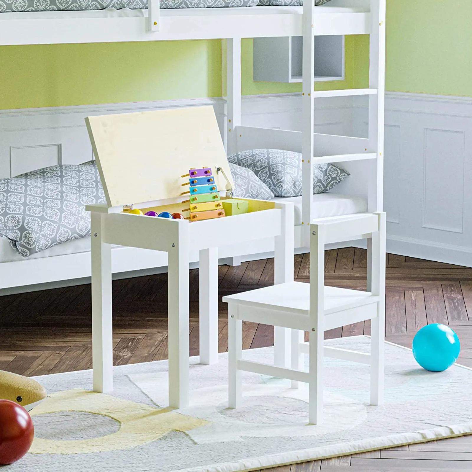 Little Helper Table & Chairs (wooden) | Montessori Space Saving Homework Desk | Storage & Chair | White | 3-7 Years