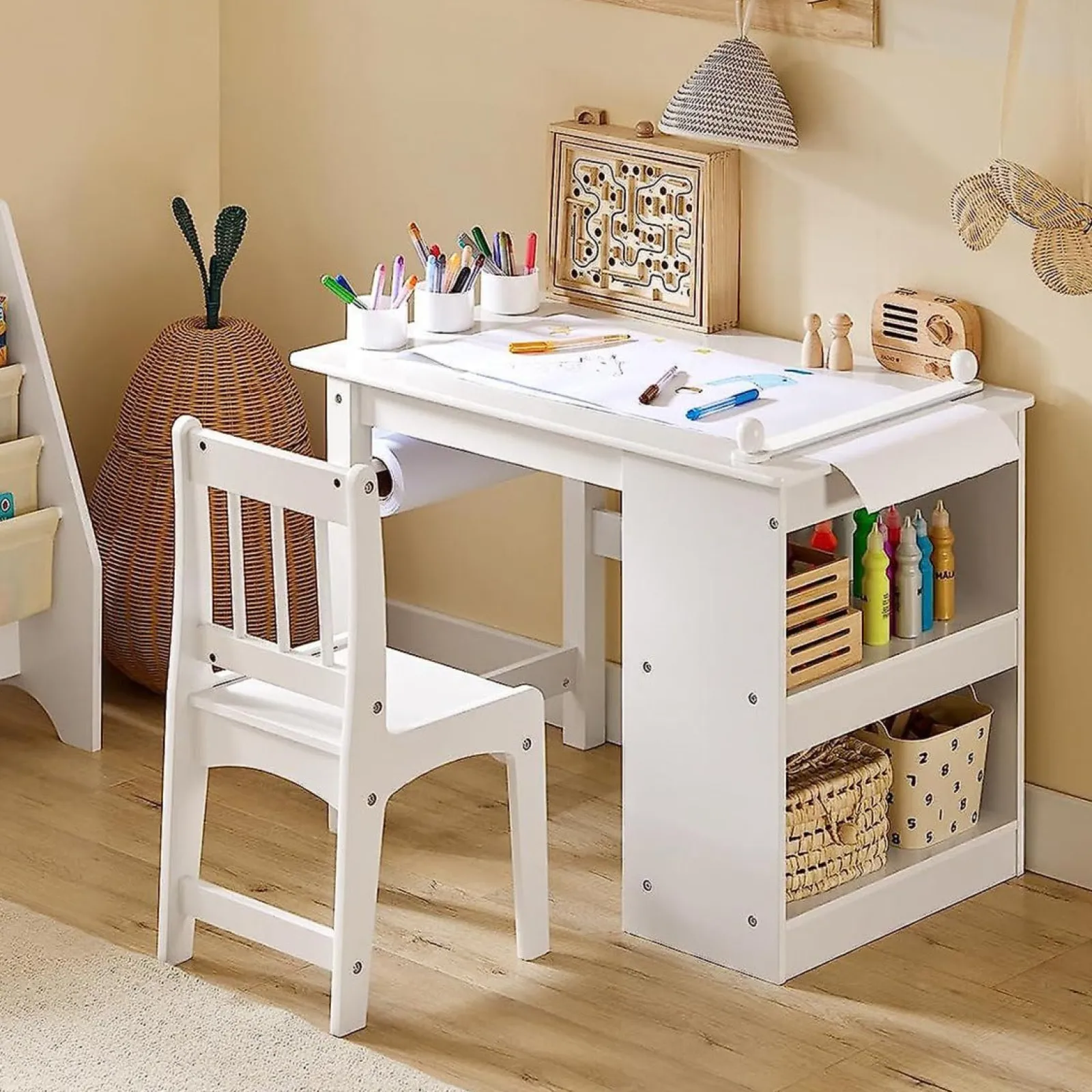 Little Helper Montessori Toys & Products | Table & Chairs (wooden) | Montessori Space-Saving Children's Homework Desk | Paper Roll | Storage | White | Ergonomic Chair | 5-12 Years