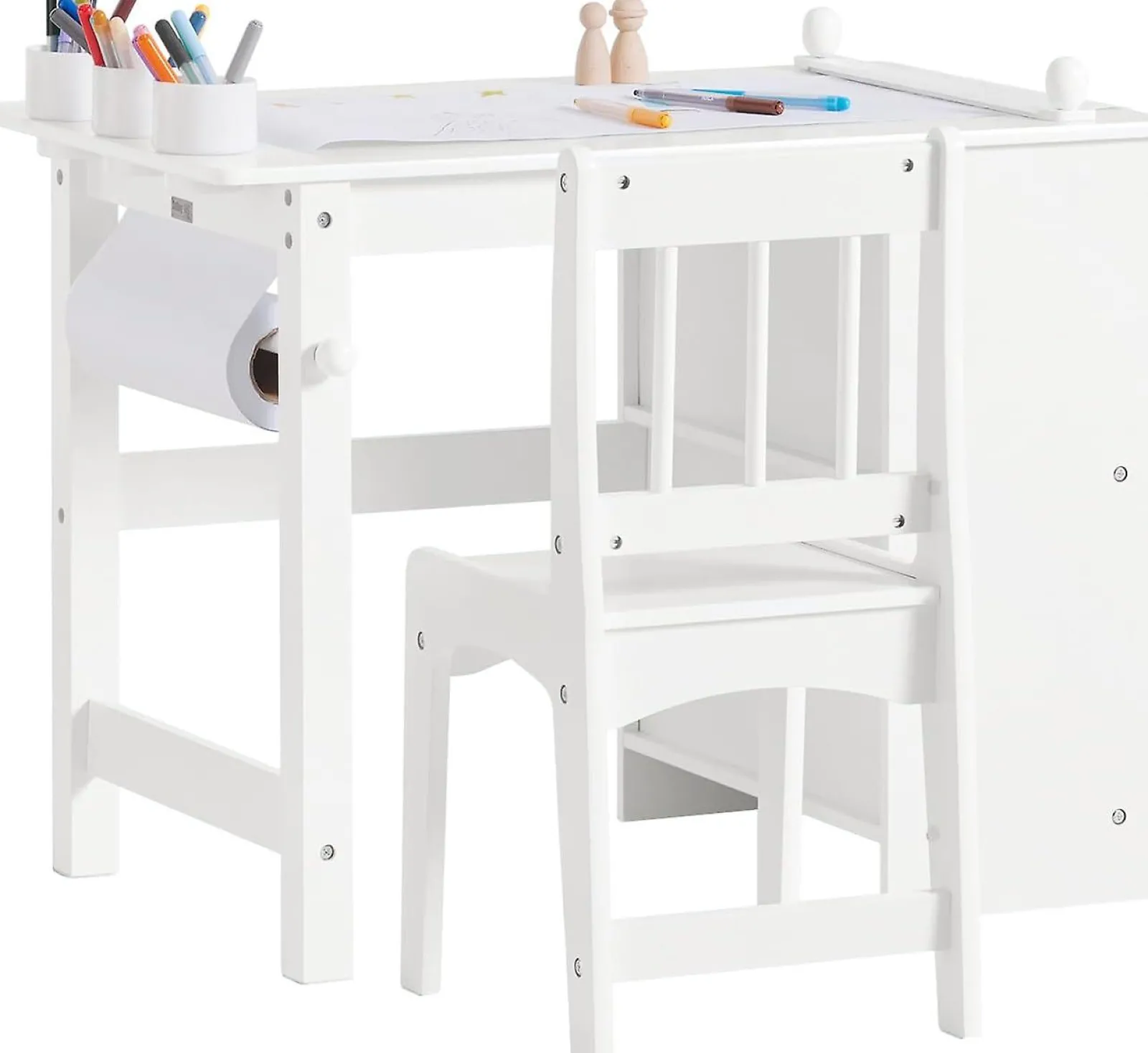 Little Helper Montessori Toys & Products | Table & Chairs (wooden) | Montessori Space-Saving Children's Homework Desk | Paper Roll | Storage | White | Ergonomic Chair | 5-12 Years