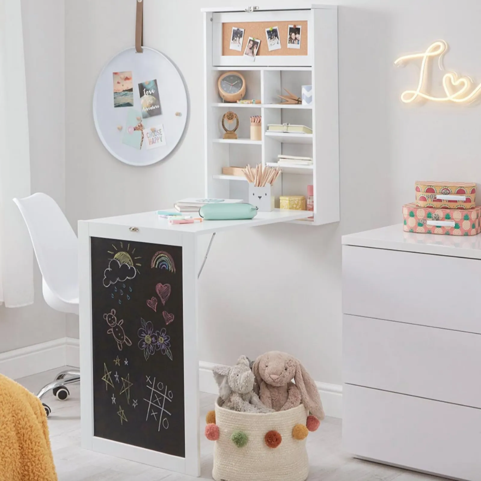 Little Helper Montessori Toys & Products | Table & Chairs (wooden) | Montessori Space-Saving Wall Mounted Desk | Floating Desk | Blackboard | Storage | White or Grey | 5-12 Years