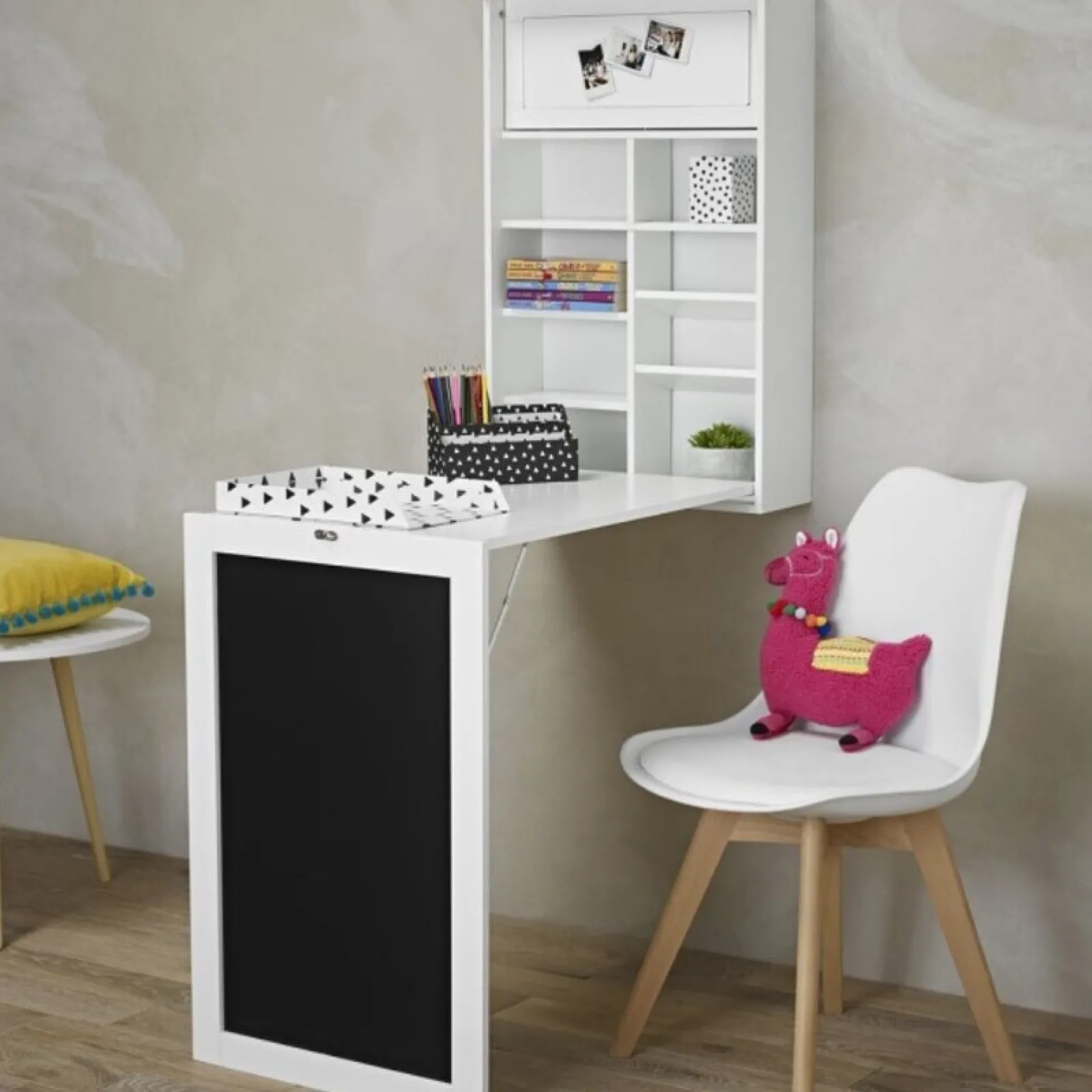 Little Helper Montessori Toys & Products | Table & Chairs (wooden) | Montessori Space-Saving Wall Mounted Desk | Floating Desk | Blackboard | Storage | White or Grey | 5-12 Years
