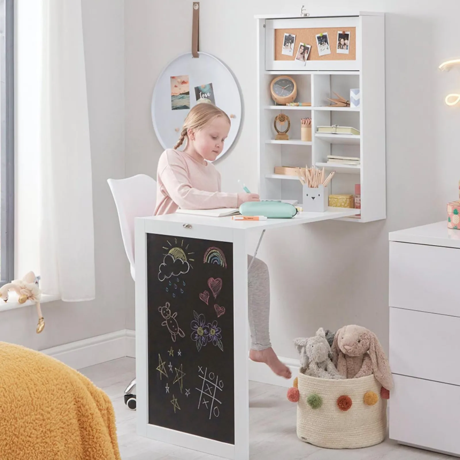 Little Helper Montessori Toys & Products | Table & Chairs (wooden) | Montessori Space-Saving Wall Mounted Desk | Floating Desk | Blackboard | Storage | White or Grey | 5-12 Years