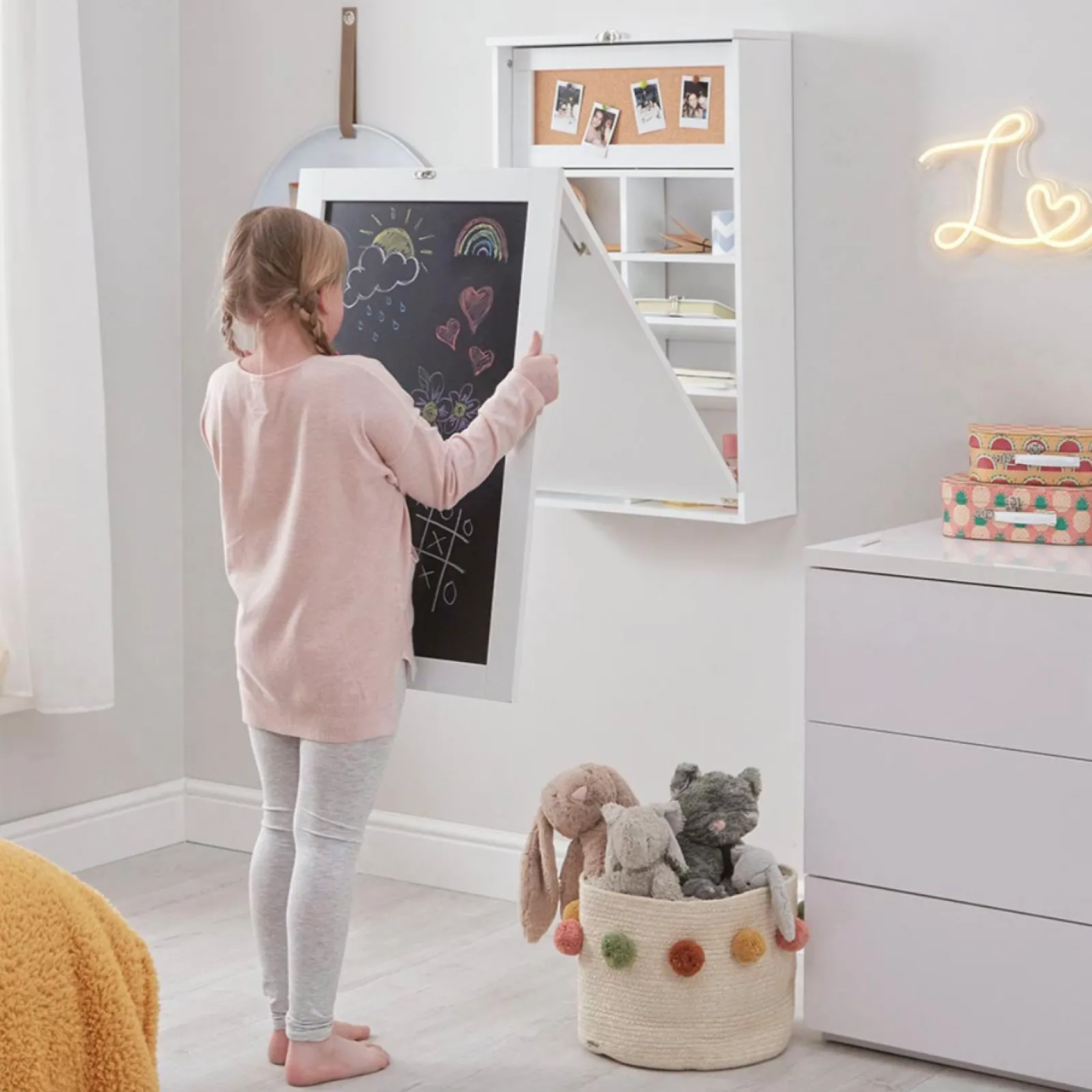Little Helper Montessori Toys & Products | Table & Chairs (wooden) | Montessori Space-Saving Wall Mounted Desk | Floating Desk | Blackboard | Storage | White or Grey | 5-12 Years