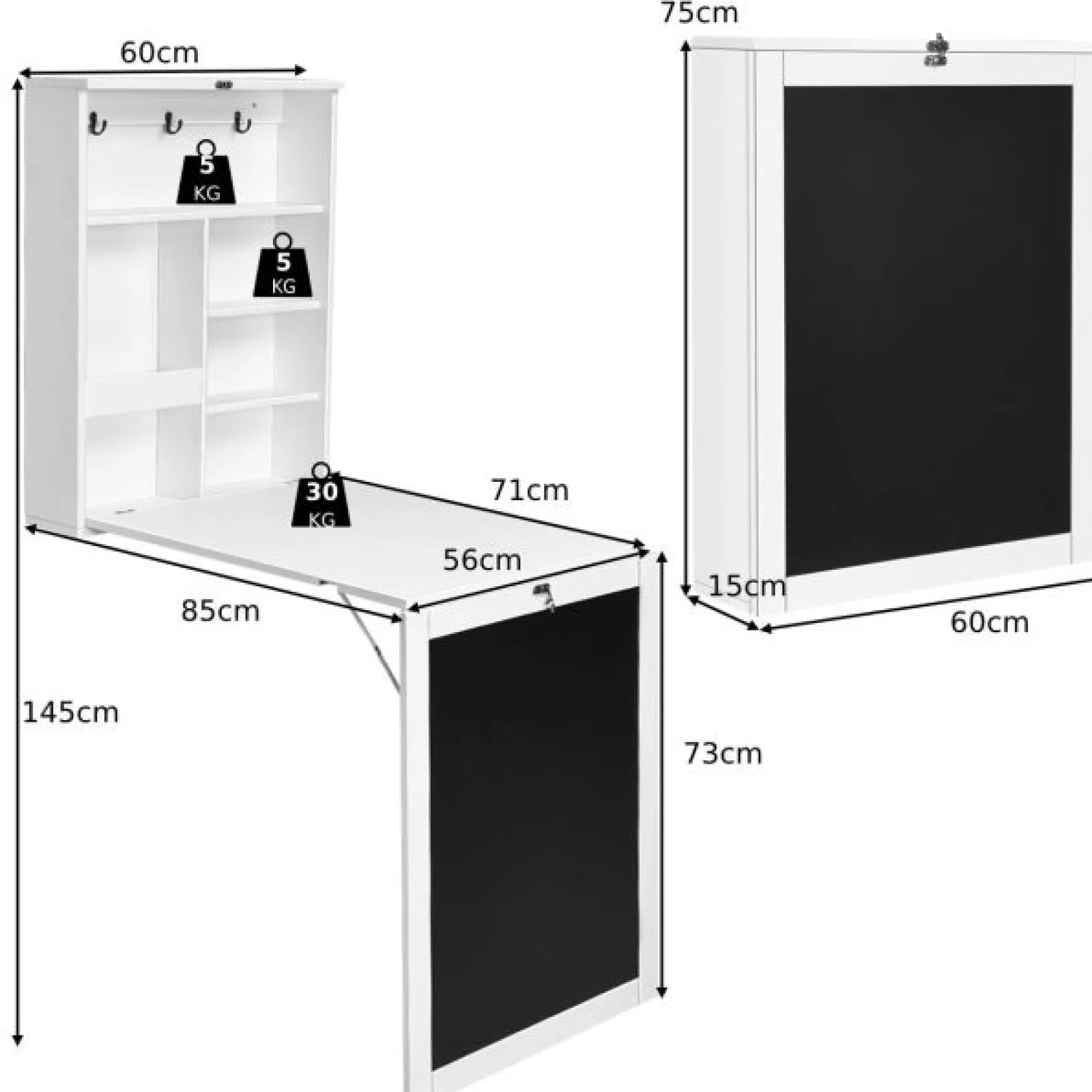 Little Helper Montessori Toys & Products | Table & Chairs (wooden) | Montessori Space-Saving Wall Mounted Desk | Floating Desk | Blackboard | Storage | White or Grey | 5-12 Years