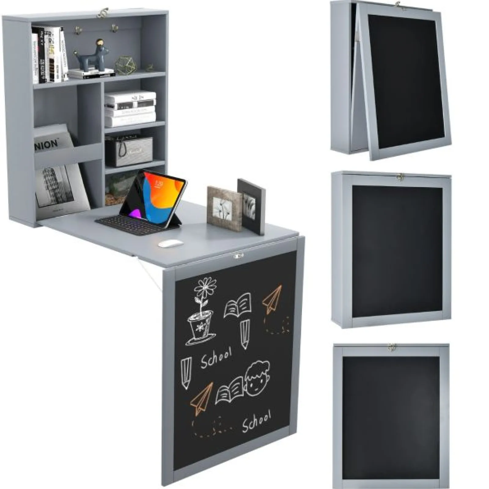 Little Helper Montessori Toys & Products | Table & Chairs (wooden) | Montessori Space-Saving Wall Mounted Desk | Floating Desk | Blackboard | Storage | White or Grey | 5-12 Years