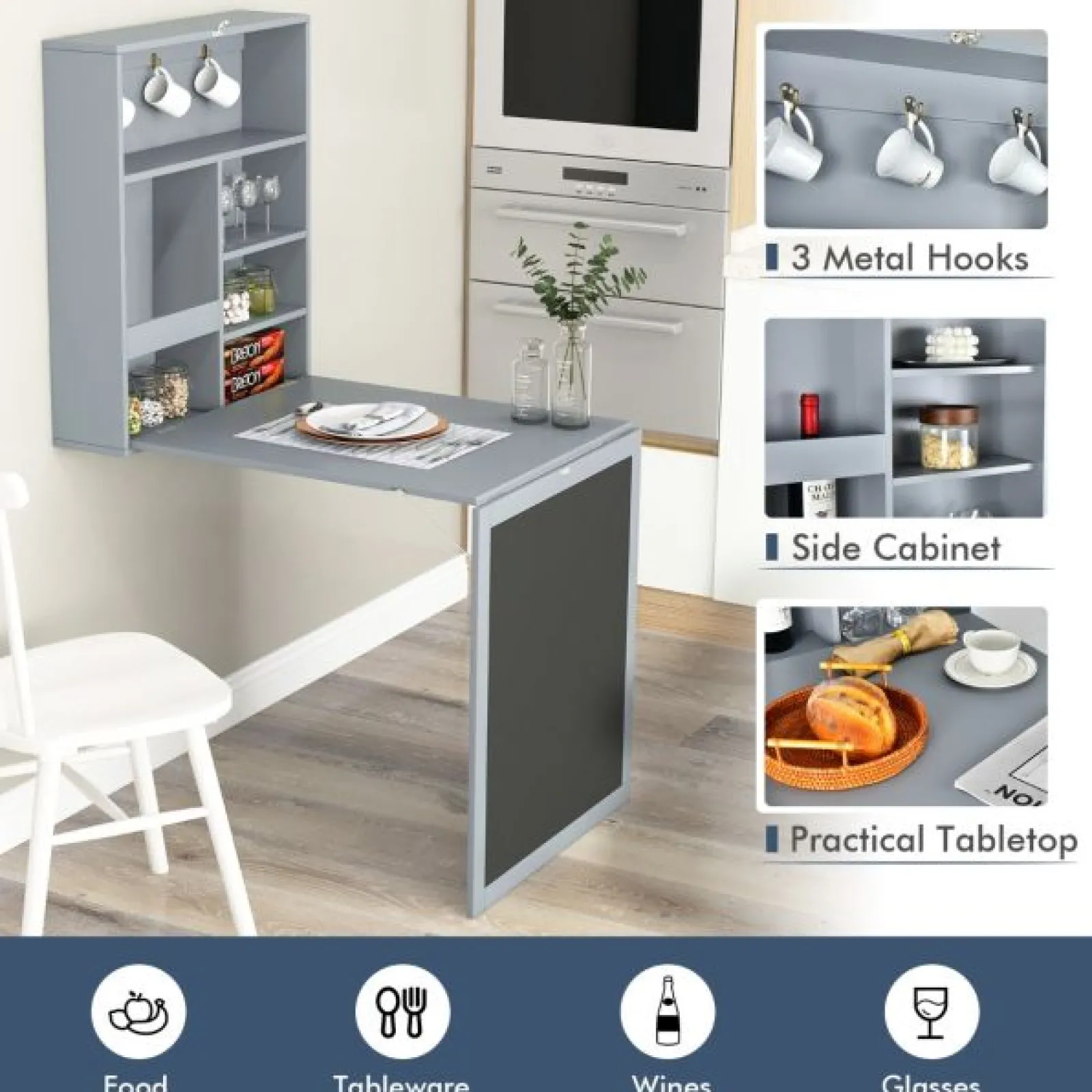 Little Helper Montessori Toys & Products | Table & Chairs (wooden) | Montessori Space-Saving Wall Mounted Desk | Floating Desk | Blackboard | Storage | White or Grey | 5-12 Years