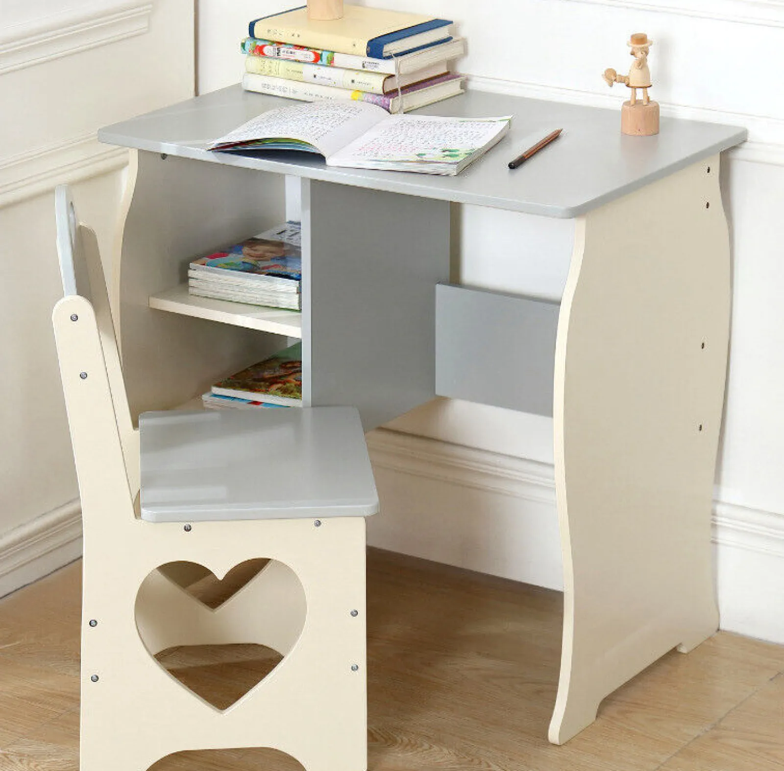 Little Helper Table & Chairs (wooden) | Montessori Sweetheart Children's Homework Desk | Bookshelf | Storage & Stool | Cream & Grey | 3-10 Years