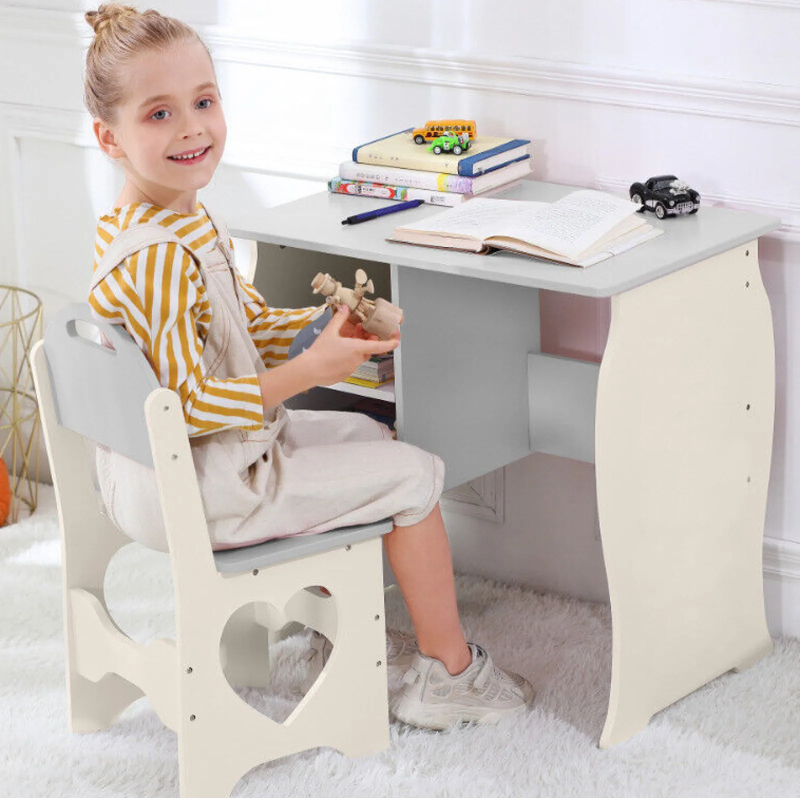 Little Helper Table & Chairs (wooden) | Montessori Sweetheart Children's Homework Desk | Bookshelf | Storage & Stool | Cream & Grey | 3-10 Years