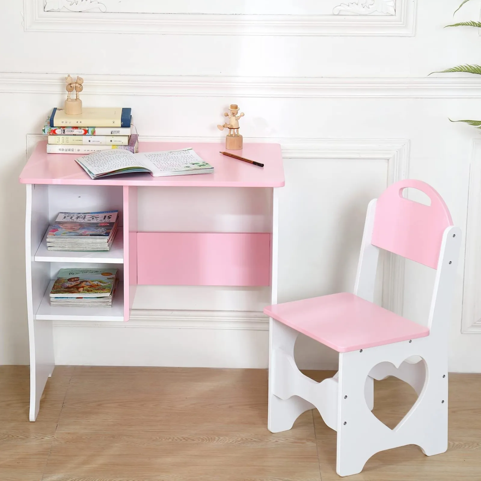 Little Helper Montessori Toys & Products | Table & Chairs (wooden) | Montessori Sweetheart Children's Homework Desk | Bookshelf | Storage & Stool | Pink & White | 3-10 Years