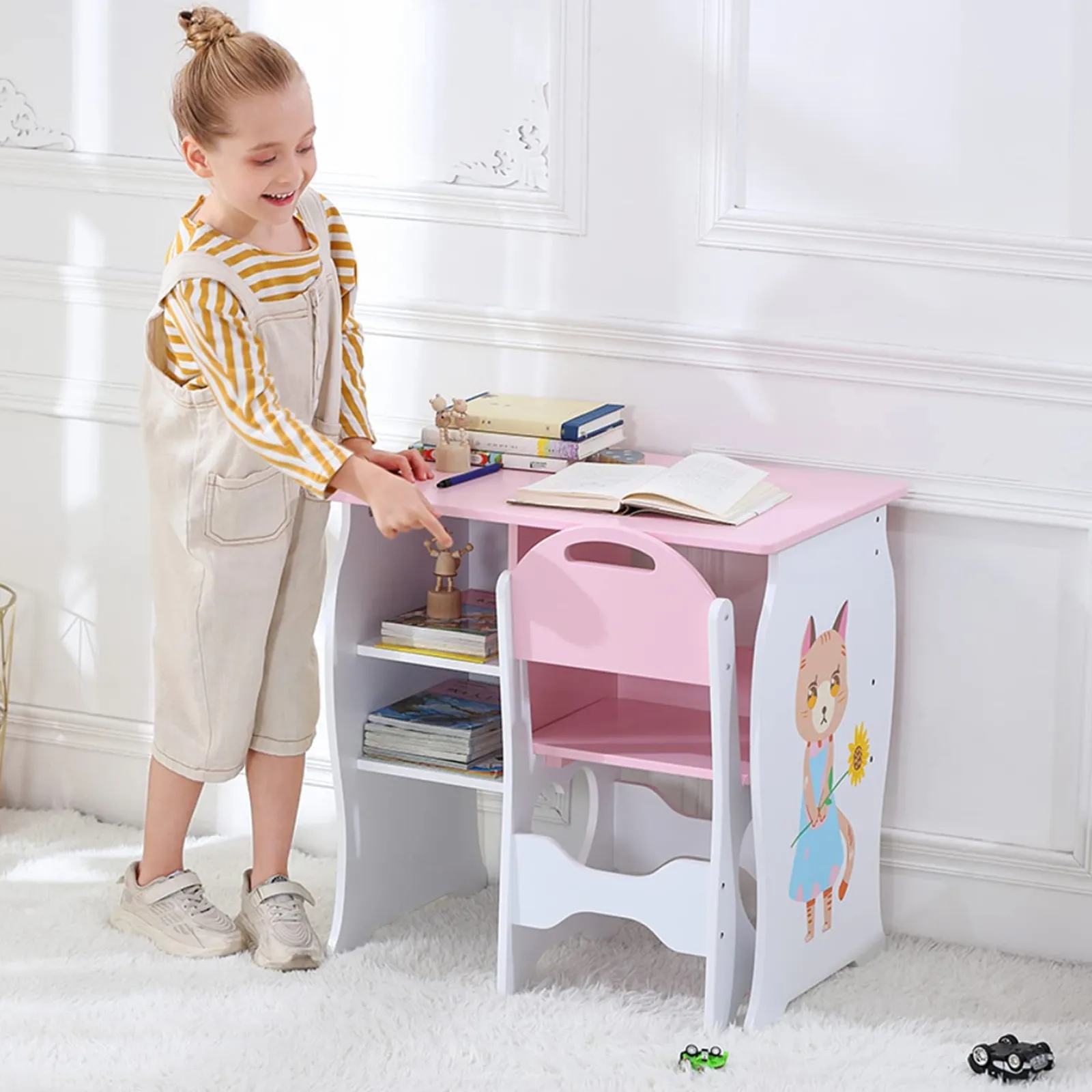 Little Helper Montessori Toys & Products | Table & Chairs (wooden) | Montessori Sweetheart Children's Homework Desk | Bookshelf | Storage & Stool | Pink & White | 3-10 Years